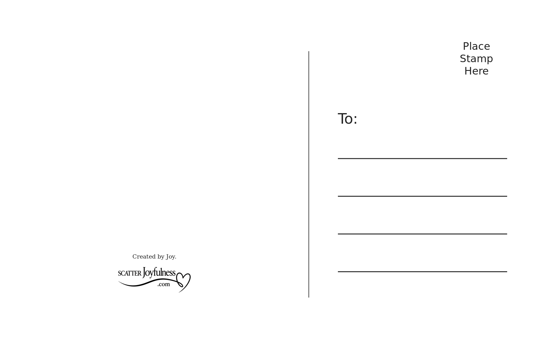 Scatter Joyfulness postcard back with writing space, address lines, postage area, and branding.