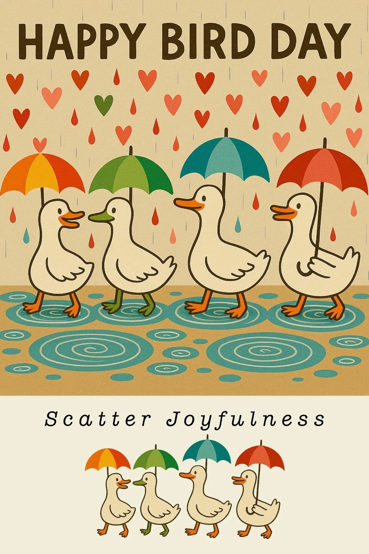 happy birthday ducks greeting card with umbrellas, whimsical animal birthday card, cheerful micro art gift