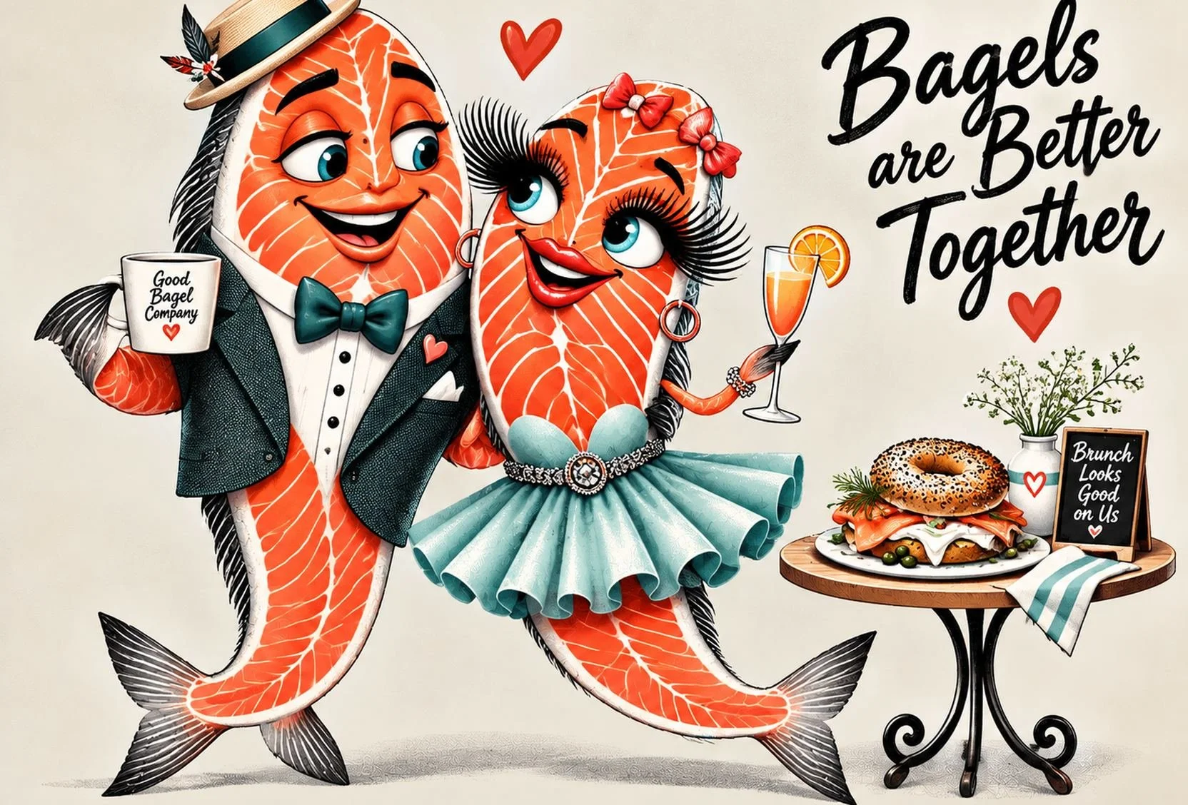 Whimsical Bagels Are Better Together postcard with two dressed-up salmon characters beside a brunch table with a bagel.