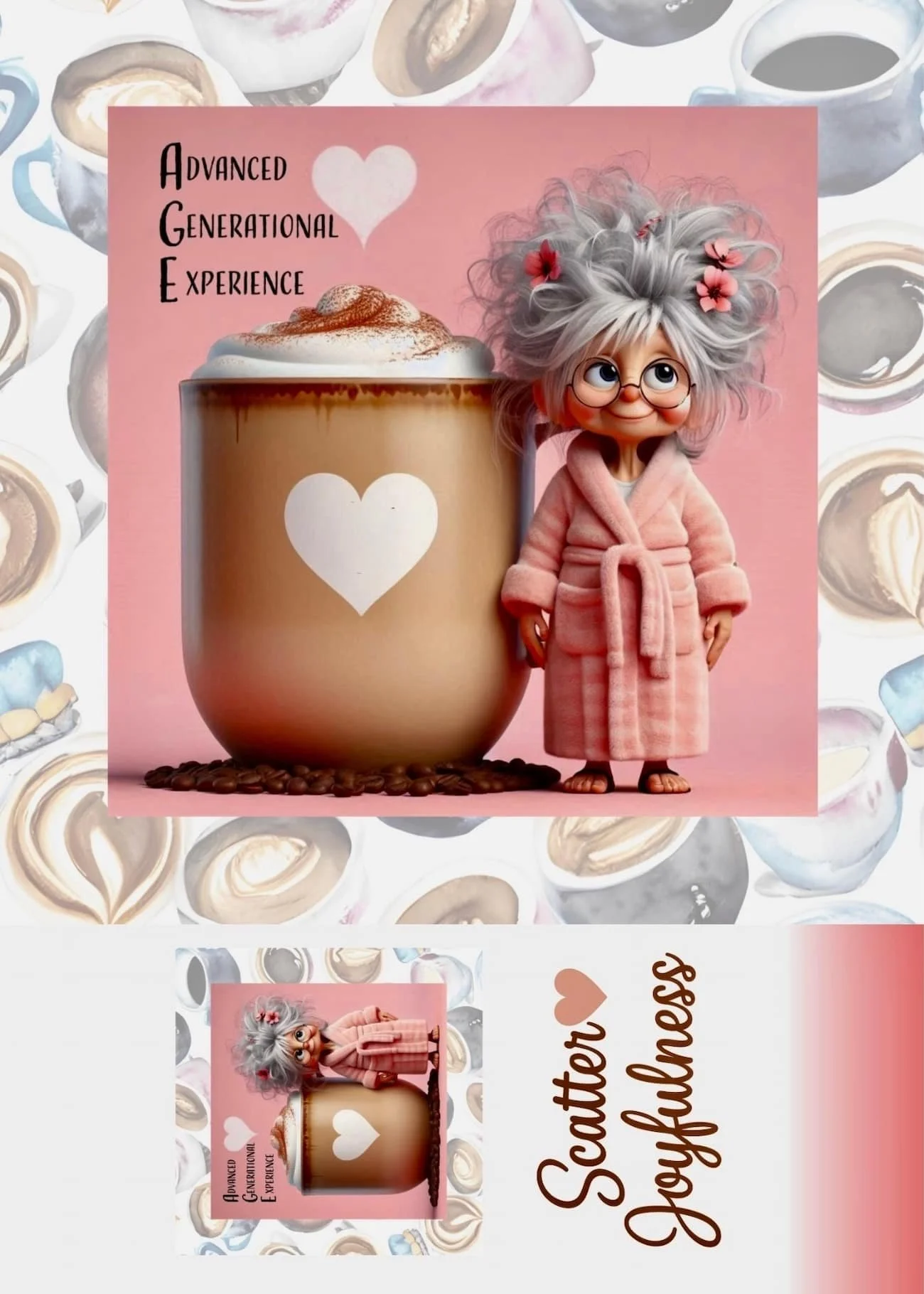 Funny grandma birthday card featuring oversized heart latte mug, playful grandmother themed artwork, humorous birthday greeting card gift, micro art greeting card, Scatter Joyfulness Greetings