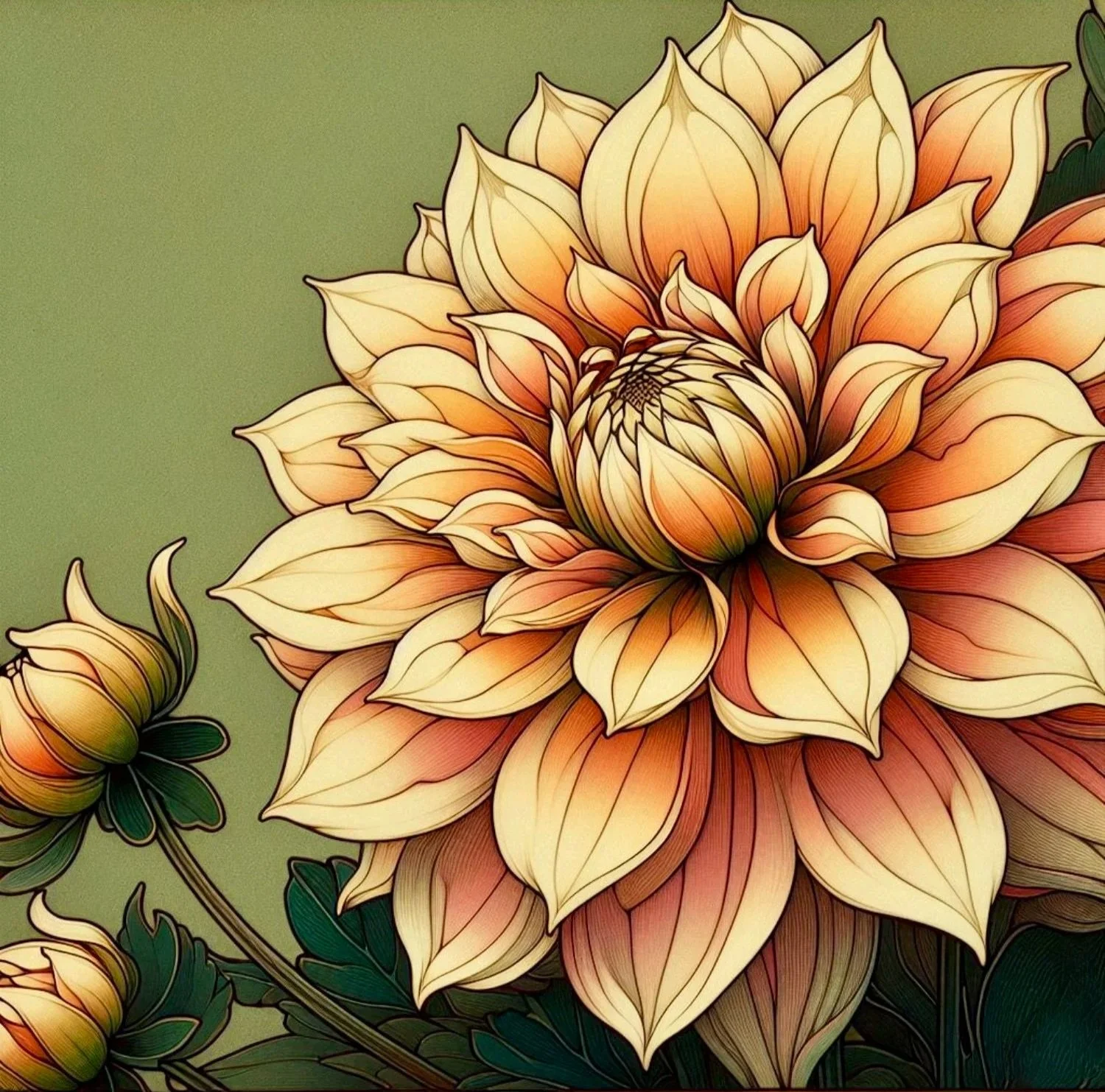 Floral greeting card illustration featuring a soft golden dahlia bloom in a whimsical painterly style.