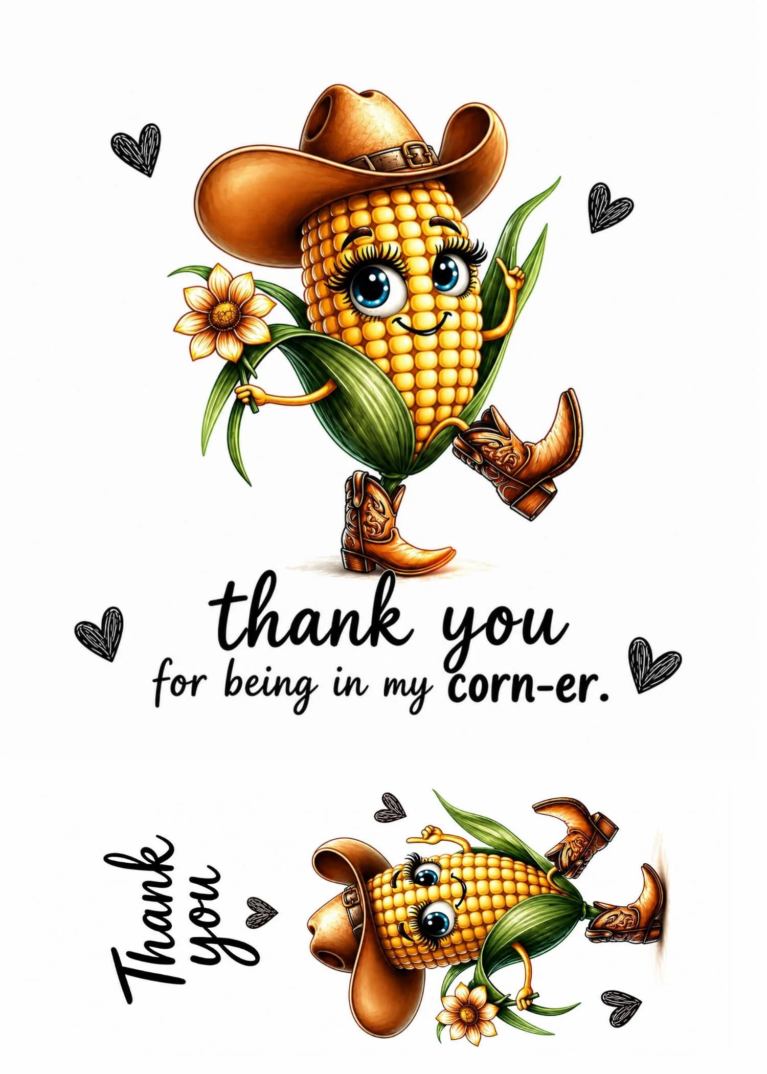Thank you corn card with smiling cowboy corn, flower, hearts, and the words thank you for being in my corn-er