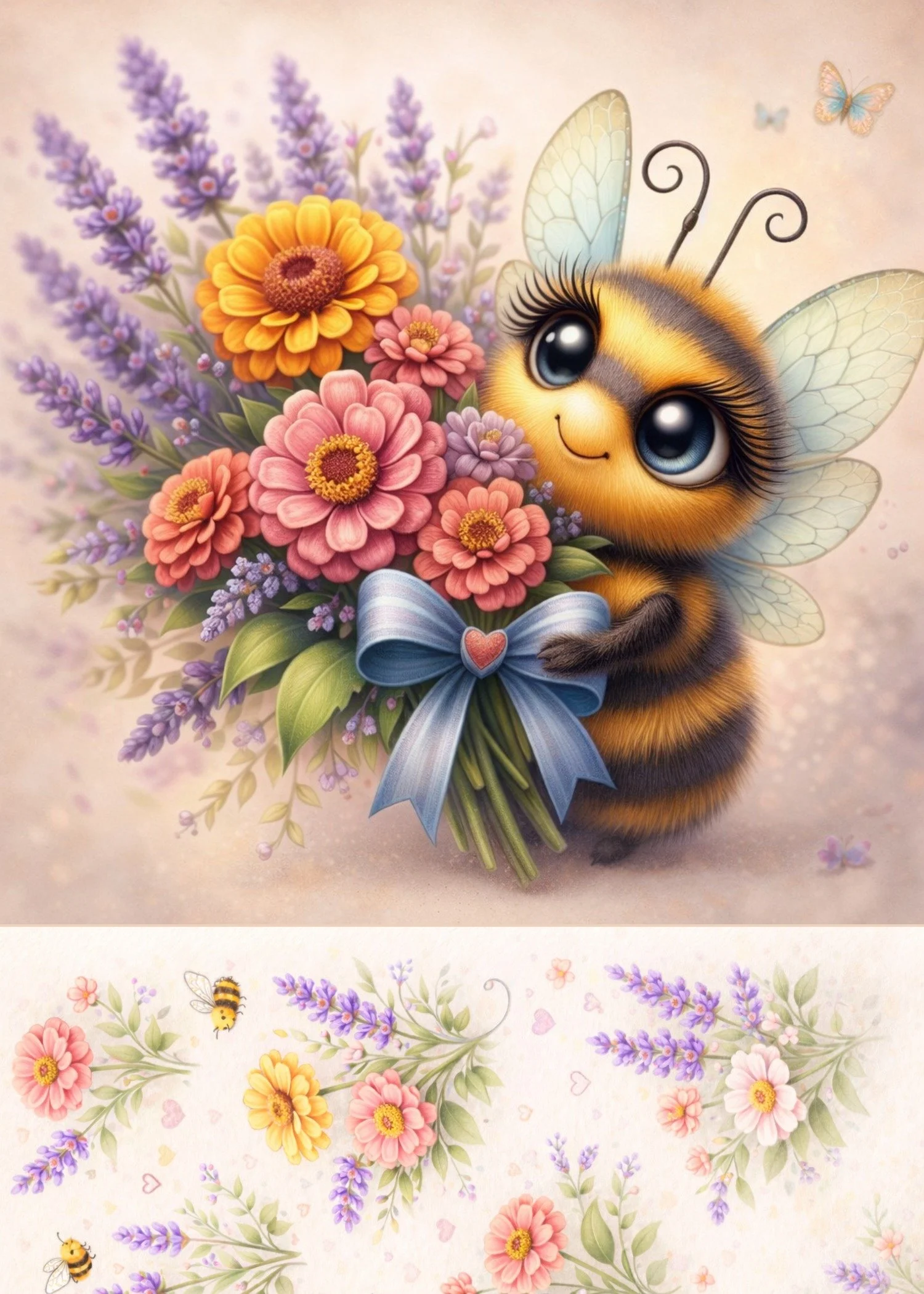 Buzzing By with Blooms bee floral micro art greeting card gift featuring cheerful bee carrying bouquet of flowers, friendship, kindness and pollinator garden theme, Scatter Joyfulness Greetings