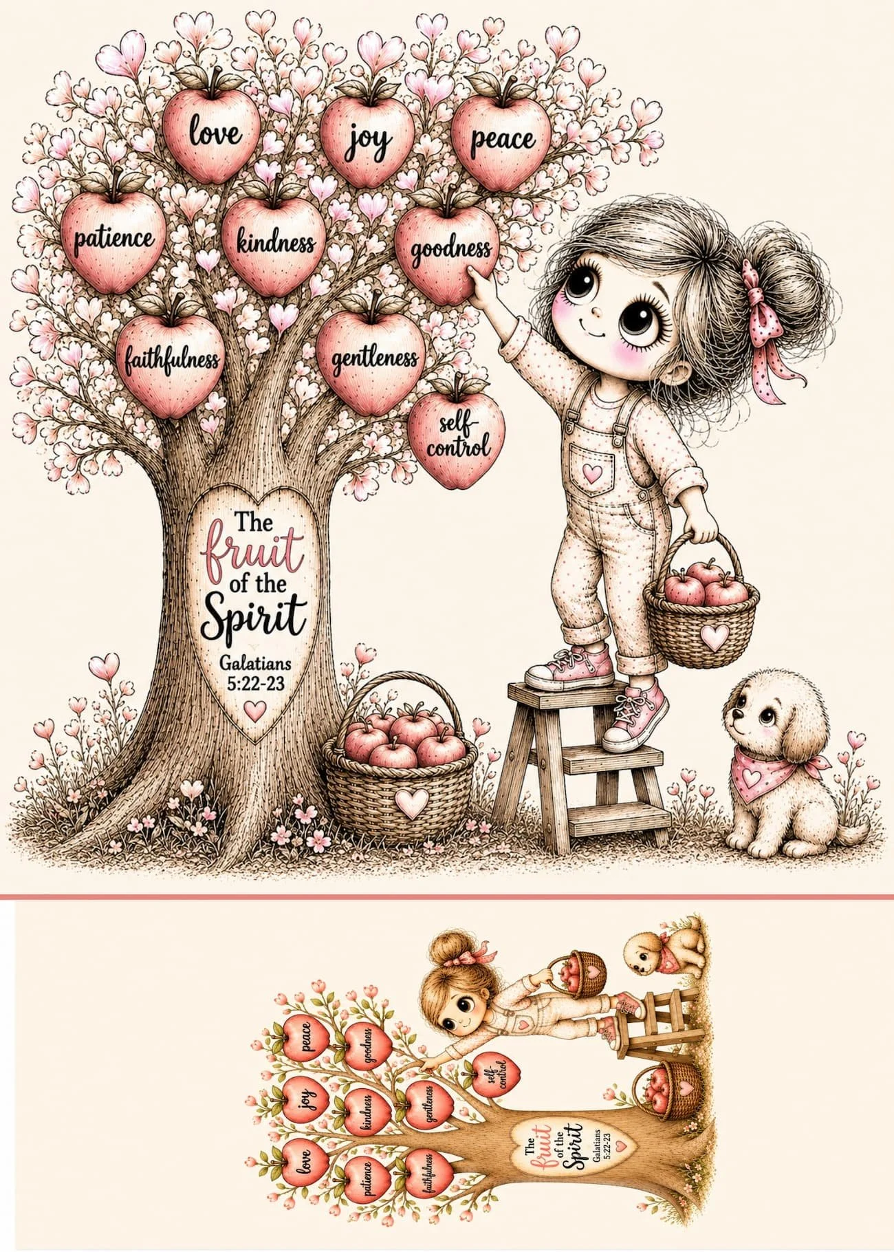 Fruit of the Spirit Tree Flat Micro Art Greeting Card Gift featuring a girl picking heart-shaped fruit from a tree, Christian encouragement artwork with detachable bookmark