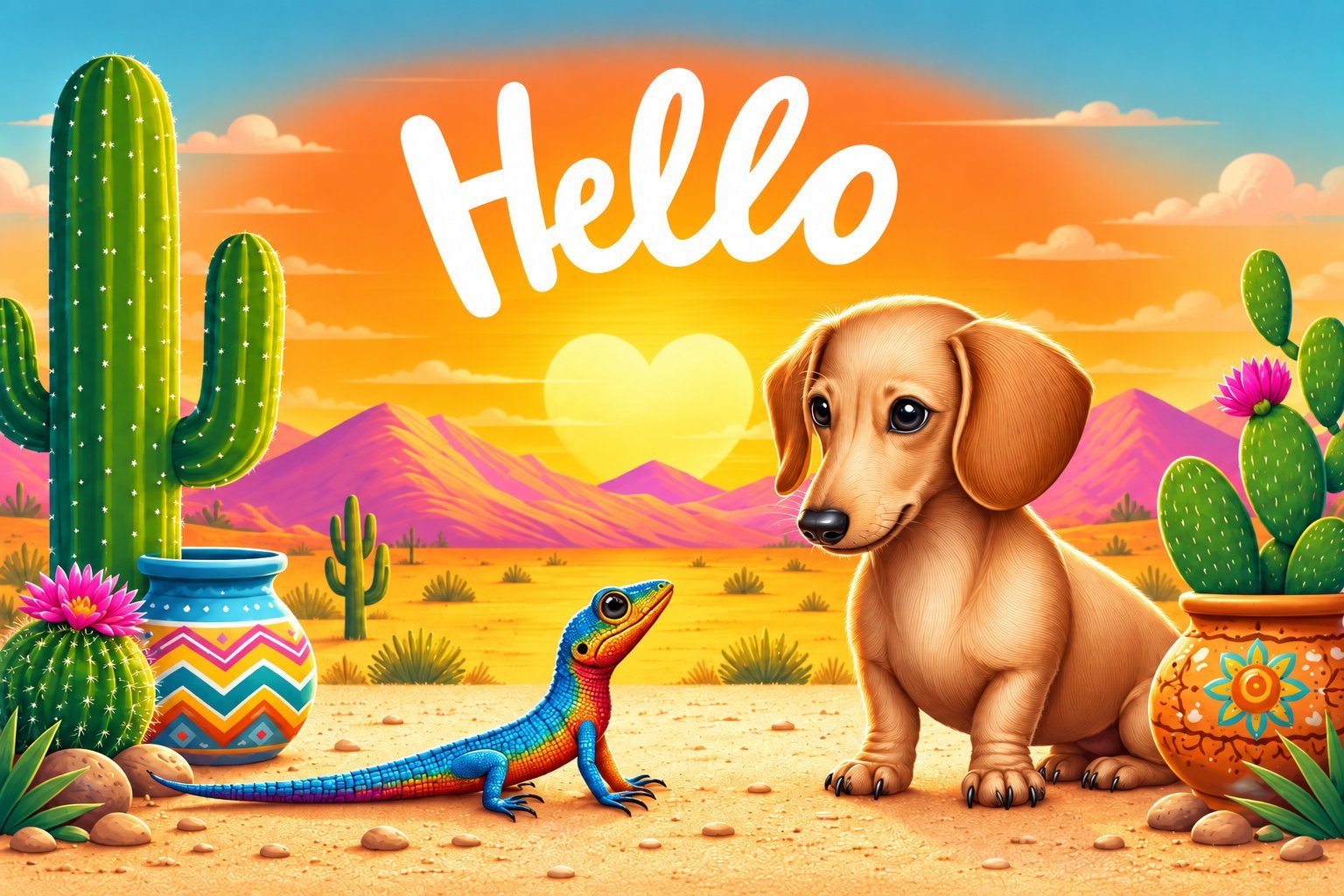 Cheerful dachshund in a bright Arizona desert scene with Southwest colors, cacti, mountains and a large “Hello” greeting.