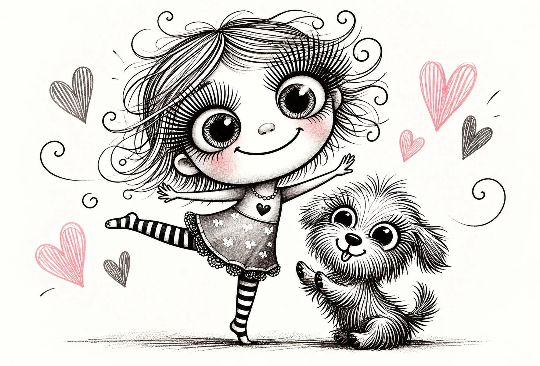 Girl in a pink dress doing a happy dance beside a fluffy dog, surrounded by playful pink hearts.