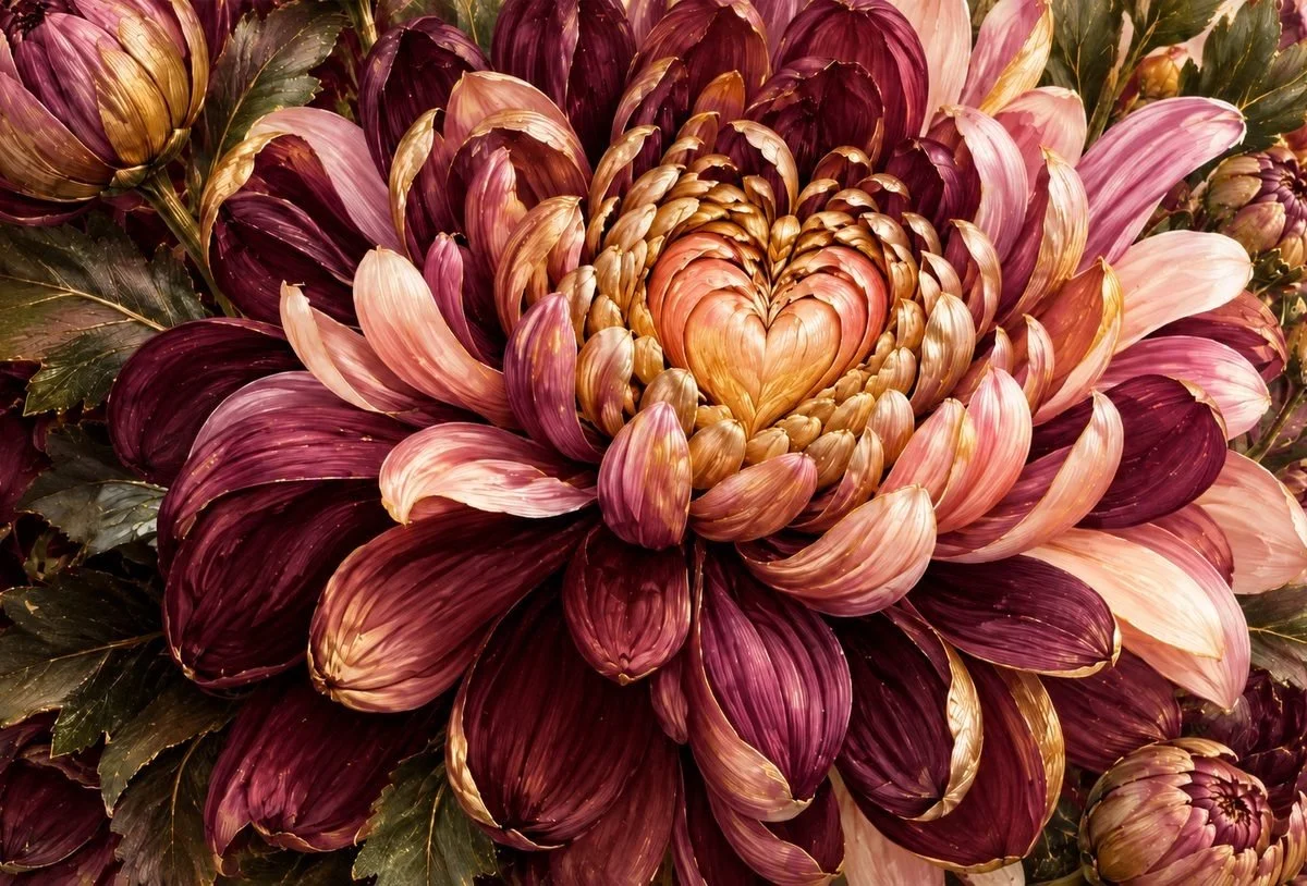 Large richly layered flower in burgundy, rose, copper, cream and golden tones filling the postcard front.