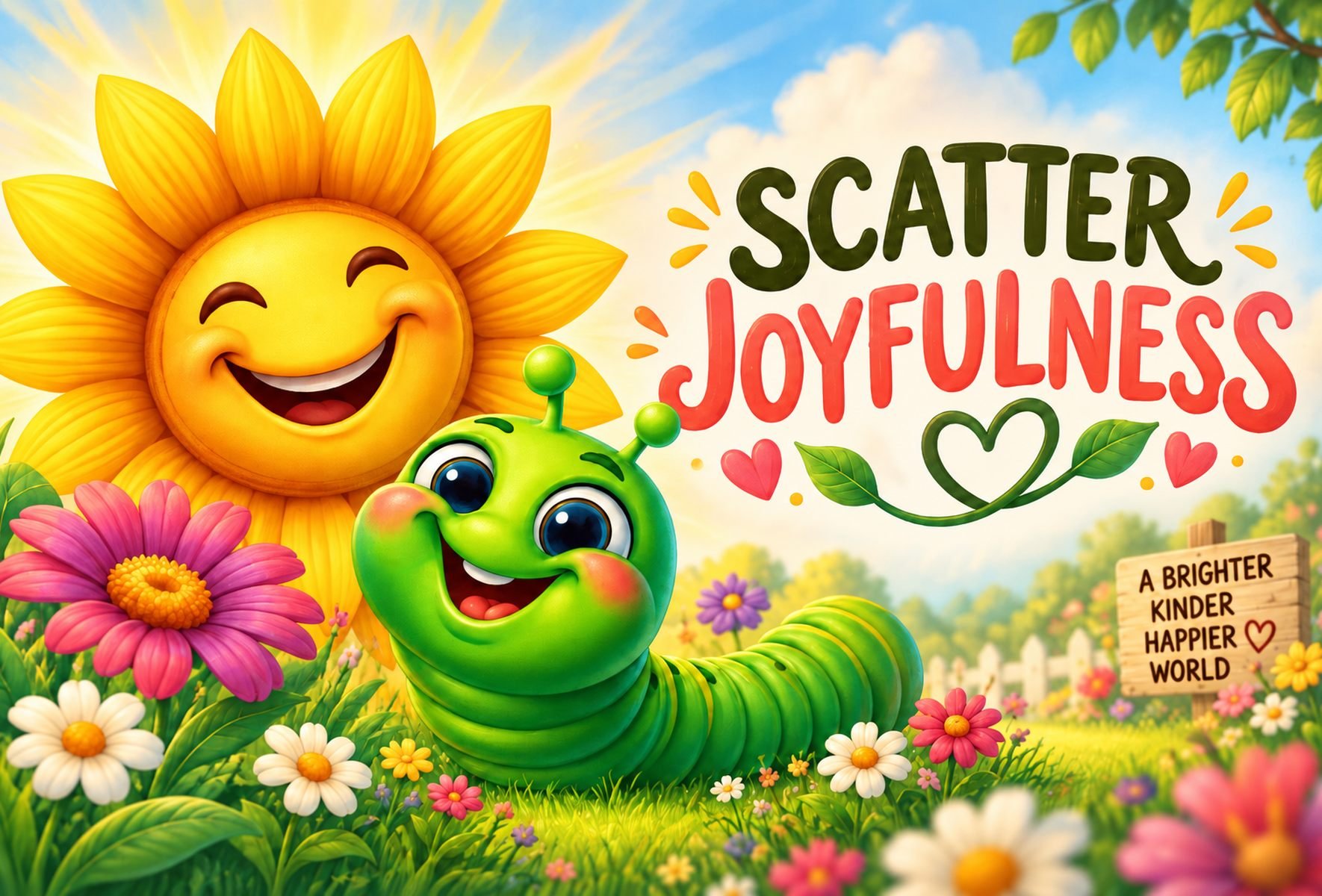 Smiling yellow sun and cheerful green worm surrounded by bright flowers beneath the words “Scatter Joyfulness.”