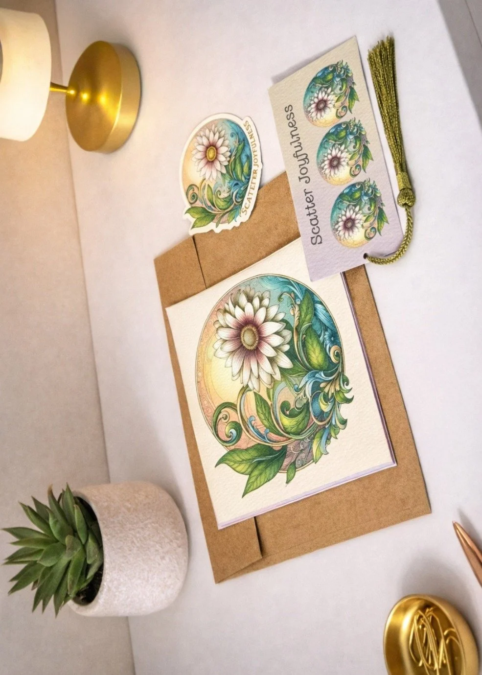 A greeting card with floral artwork, a small round sticker with a similar design, a green plant in a textured white pot, a gold-colored candle holder, and a pen on a white surface.