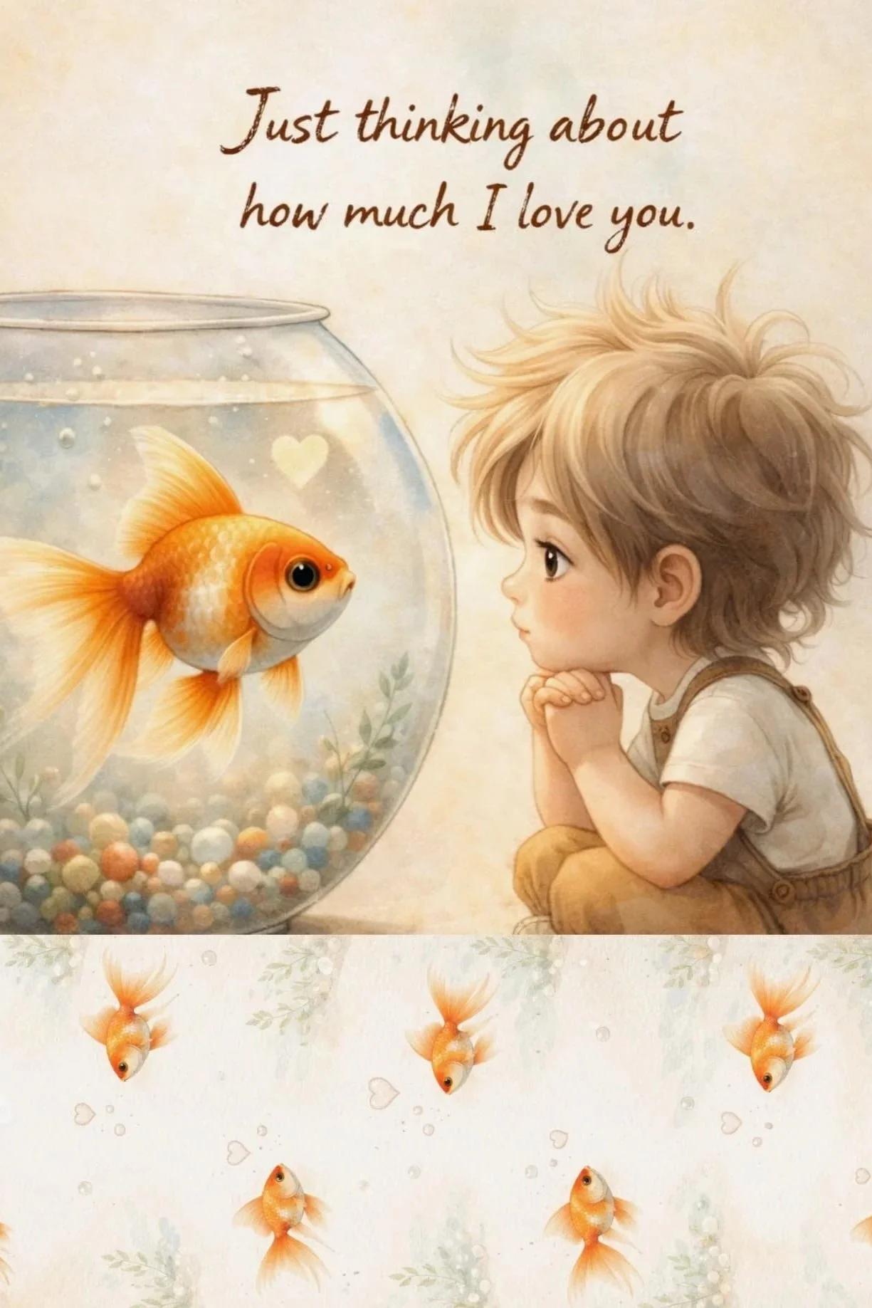 Thinking of You greeting card featuring a goldfish and heart-shaped bubbles, micro art greeting card gift by Scatter Joyfulness Greetings
