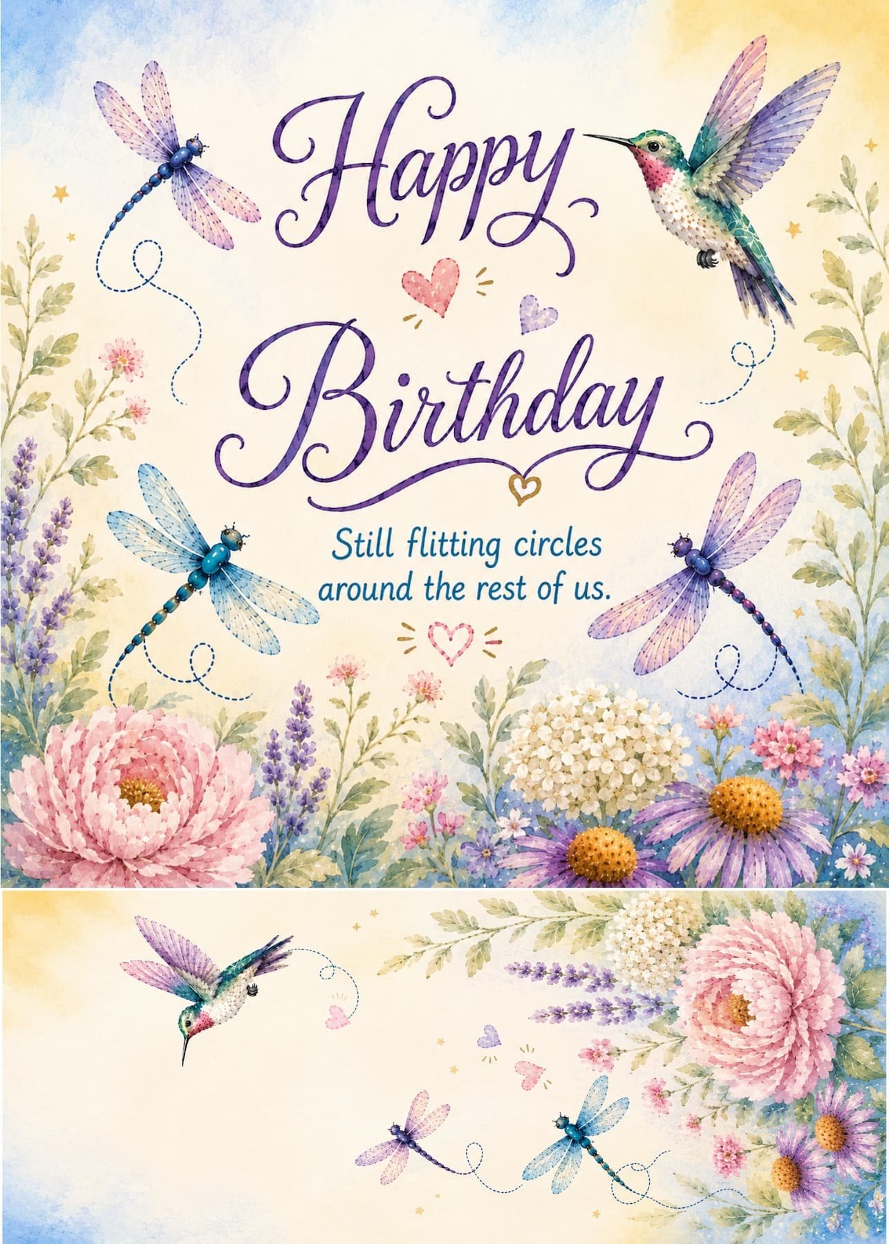 Whimsical birthday greeting card with hummingbirds, dragonflies, wildflowers, hidden hearts, and the message “Still flitting circles around the rest of us.”