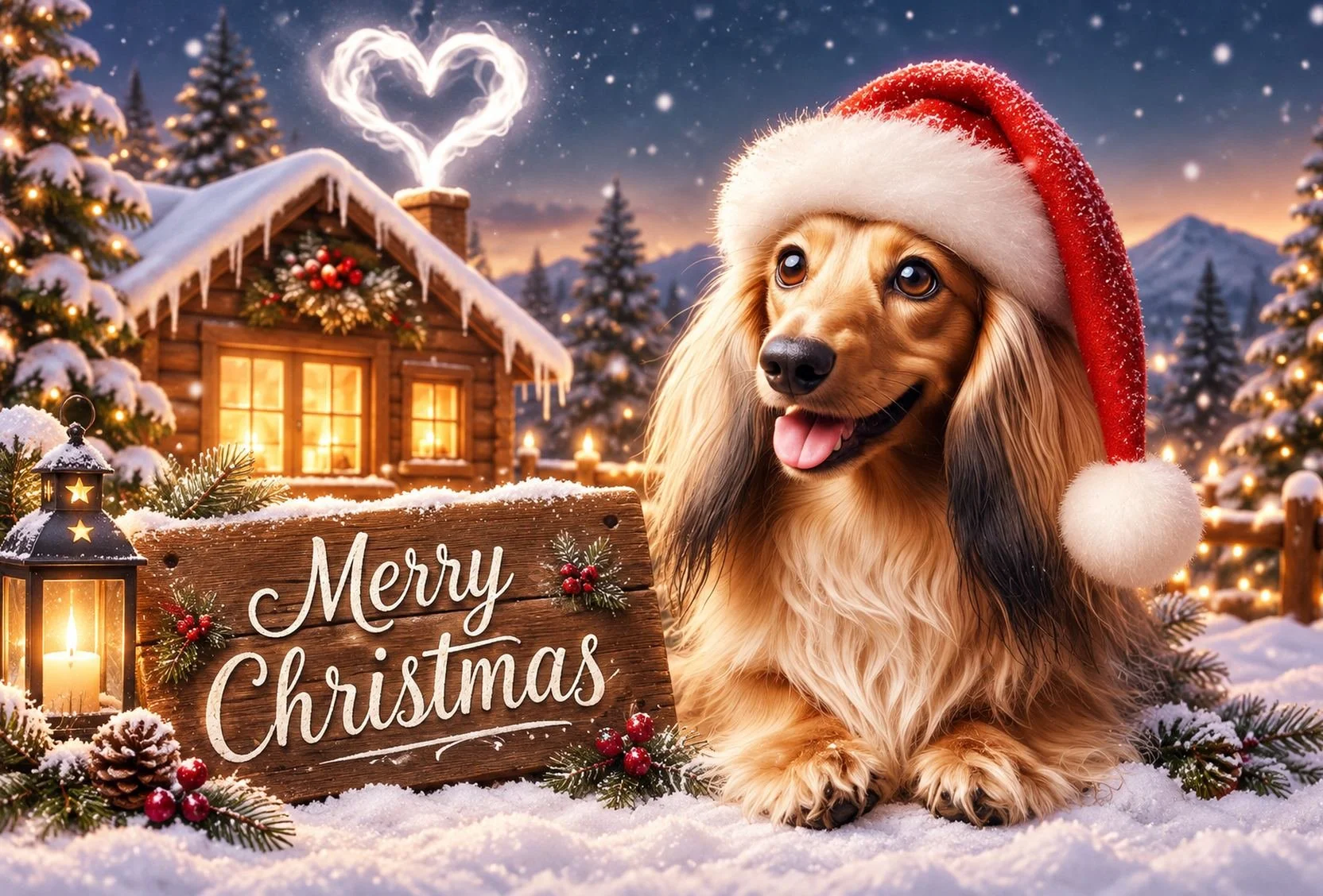 Cheerful dachshund in a festive Christmas scene, surrounded by holiday details in a playful illustrated postcard design.