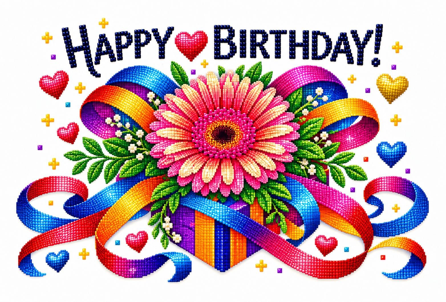 Colorful Happy Birthday postcard with a large flower, swirling ribbons, playful patterns and bold birthday lettering.