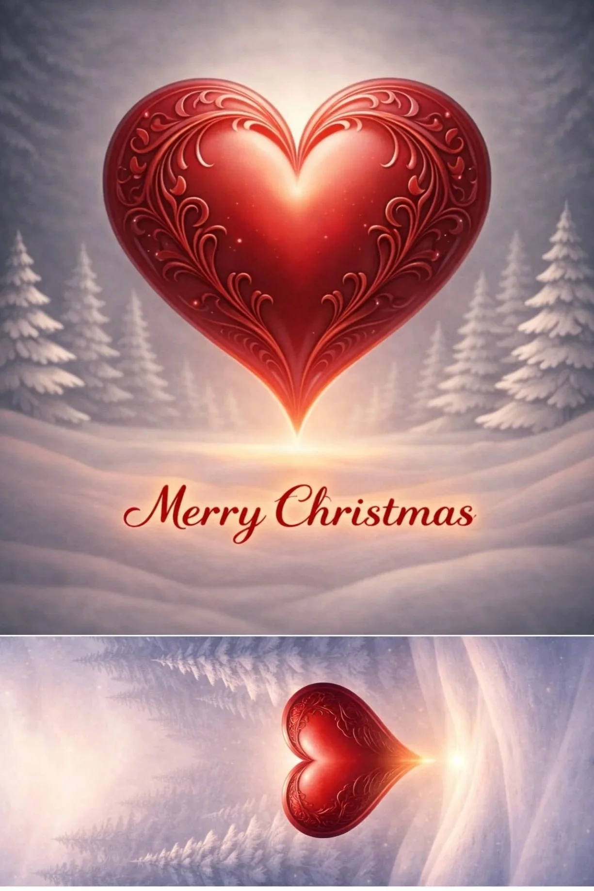 Christmas greeting card featuring glowing heart in snowy winter landscape with evergreen trees, peaceful holiday artwork, winter greeting card gift, Scatter Joyfulness Greetings