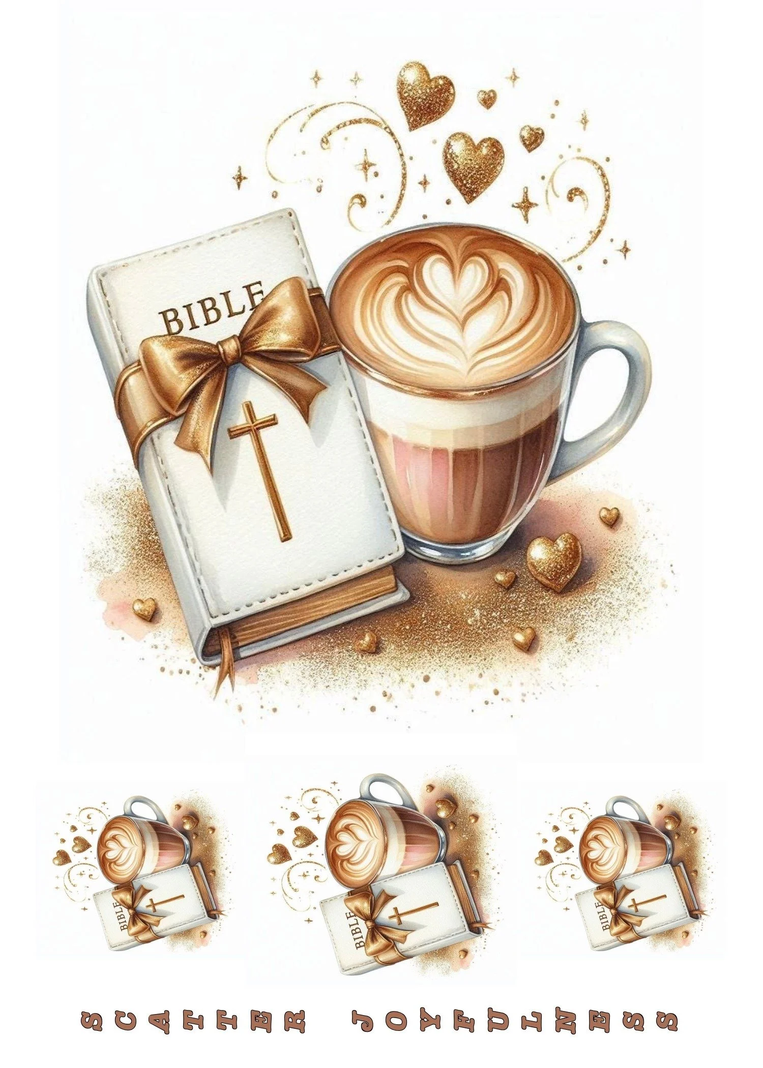 Faith-centered greeting card combining Bible study imagery with a cozy latte illustration