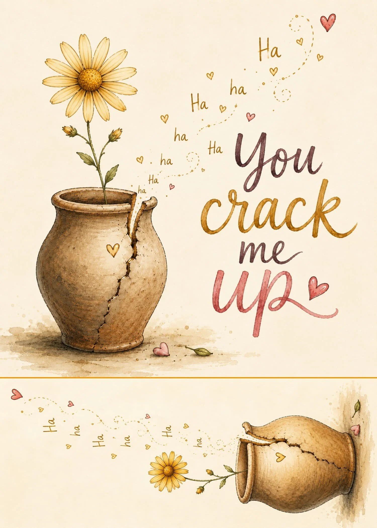 Folded "You Crack Me Up" flat micro art greeting card gift featuring a cracked clay vessel with a cheerful yellow flower.