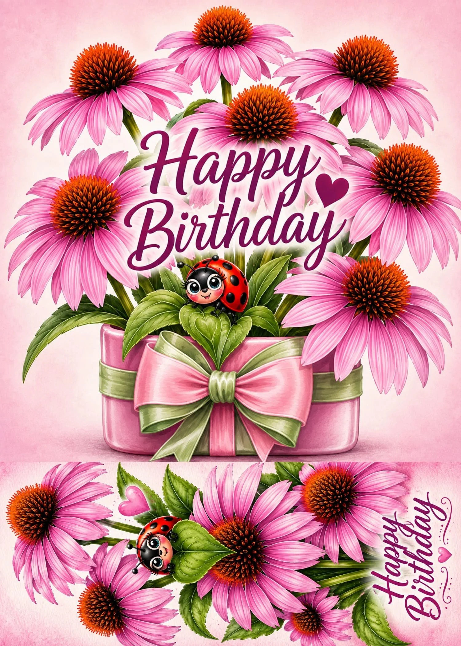 Pink Coneflower & Ladybug Birthday Card