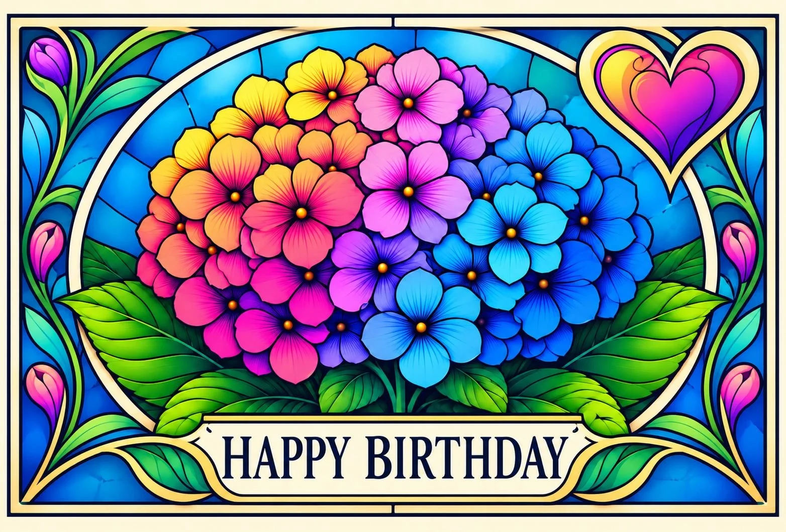 Colorful hydrangea bloom in bright pink, purple and blue with decorative leaves and a bold “Happy Birthday!” message.