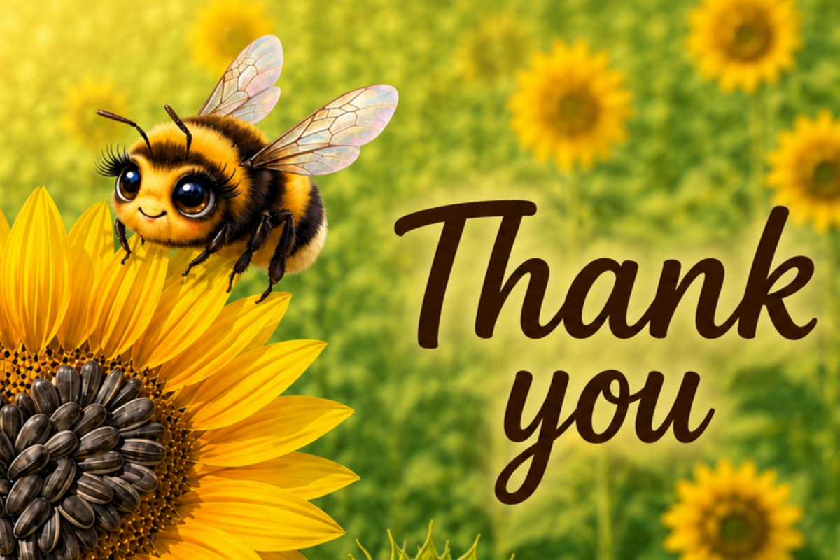 Sunflower Bee thank you postcard with golden sunflower artwork, a small bee, and Scatter Joyfulness styling.