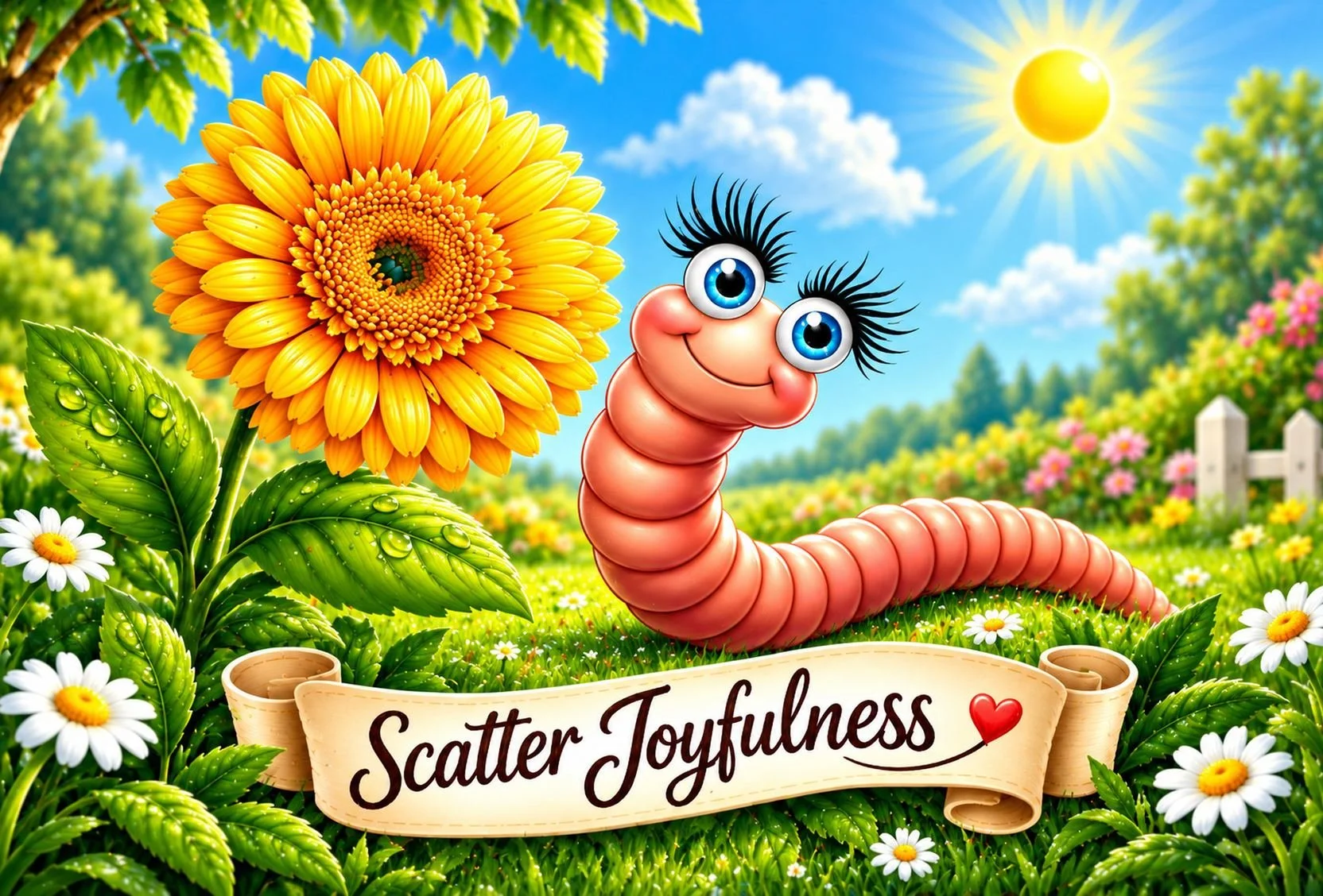Cheerful illustrated caterpillar beside a large sunflower in a bright garden scene, with a Scatter Joyfulness banner across the bottom.
