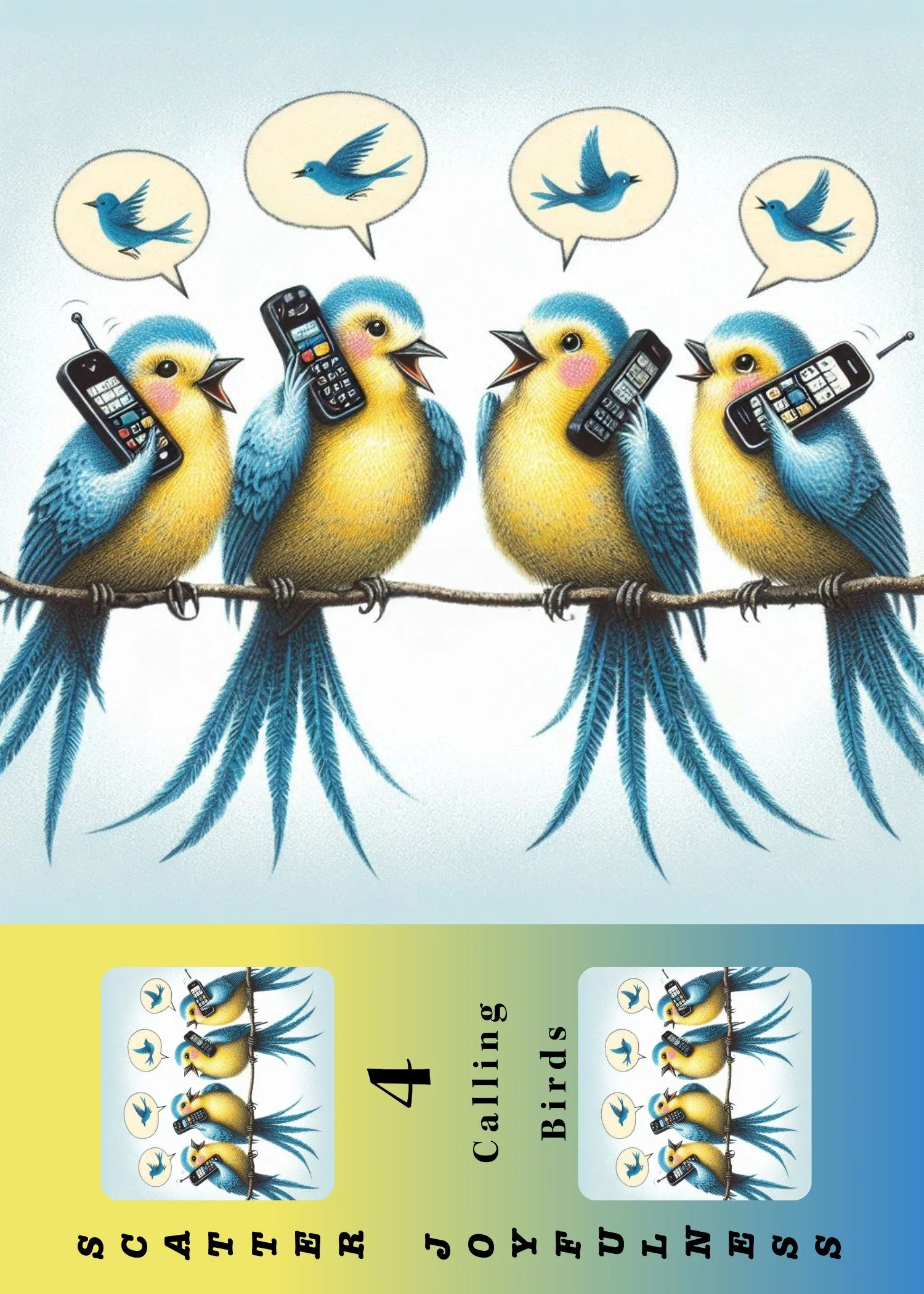 Humorous illustrated greeting card featuring four expressive birds arranged in a playful lineup