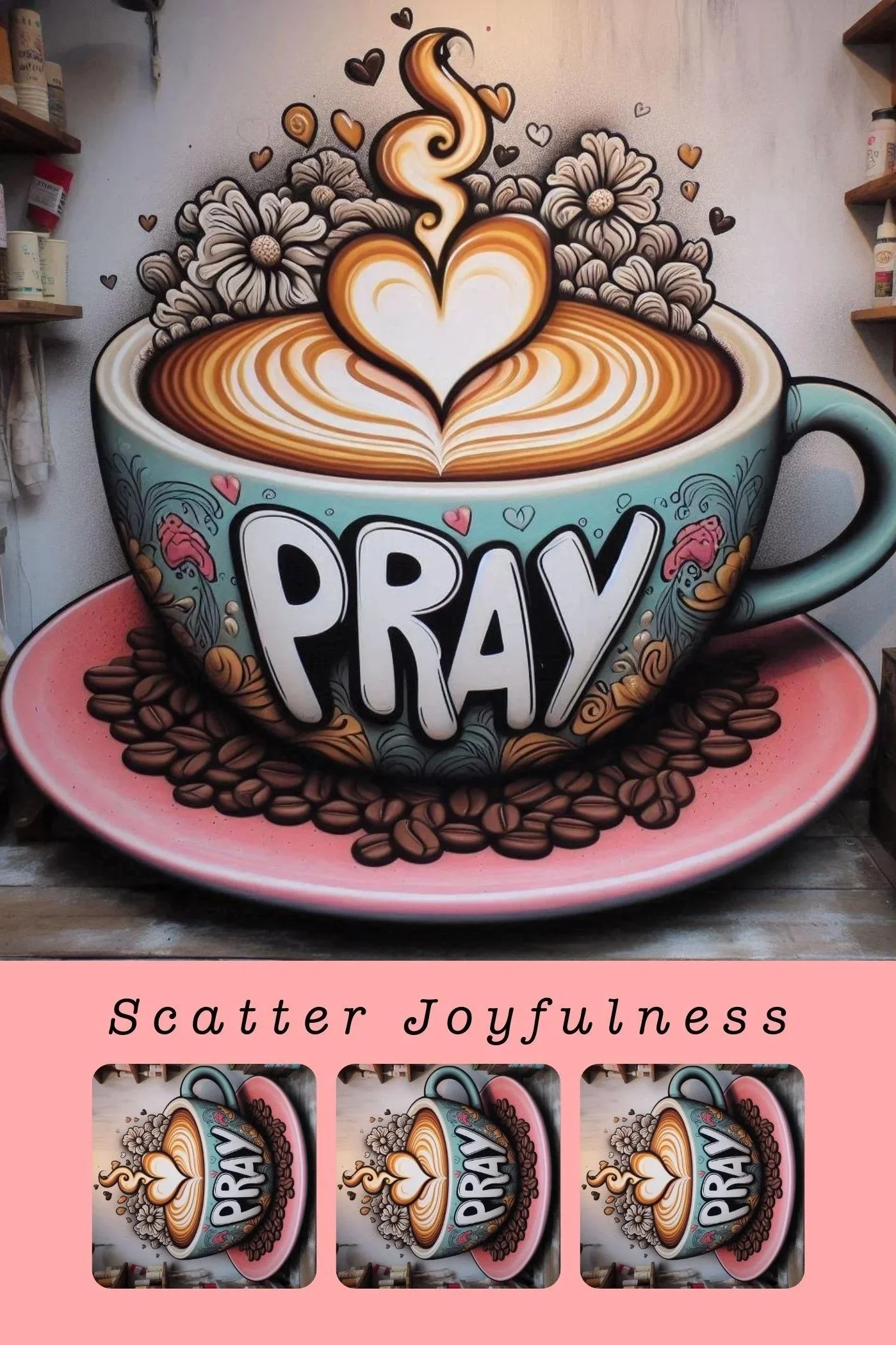 Coffee & Prayers blank note card featuring a latte with heart foam art and prayer-themed coffeehouse illustration, Scatter Joyfulness Greetings