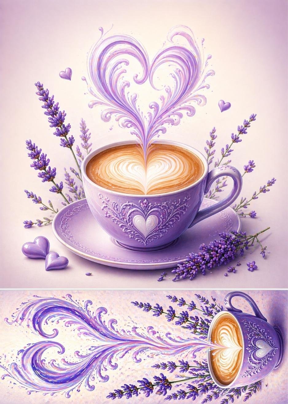 lavender latte with heart shaped steam and lavender flowers thinking of you greeting card
