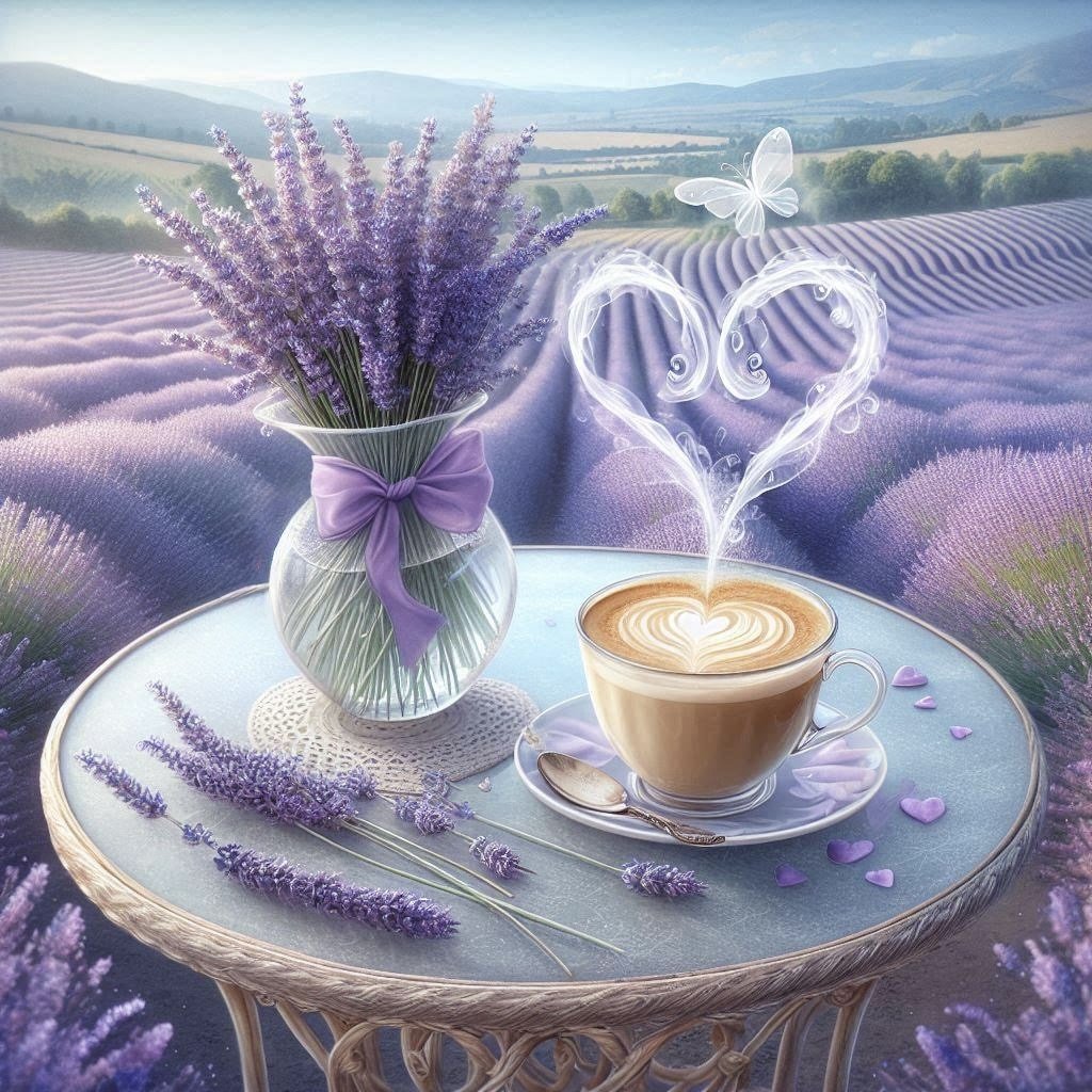 Lavender field scene with coffee cup forming heart-shaped steam beside a vase of lavender flowers on a small cafe' table, whimsical peaceful illustration symbolizing joy and connection