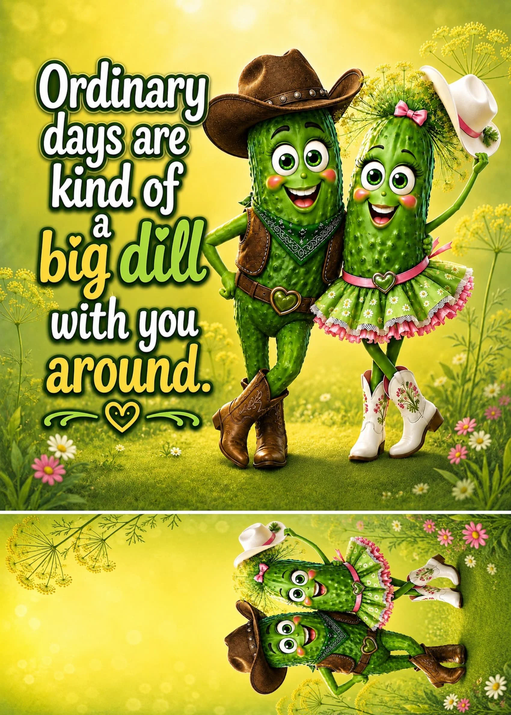 Whimsical pickle couple in cowboy and cowgirl outfits with the words “Ordinary days are kind of a big dill with you around.”