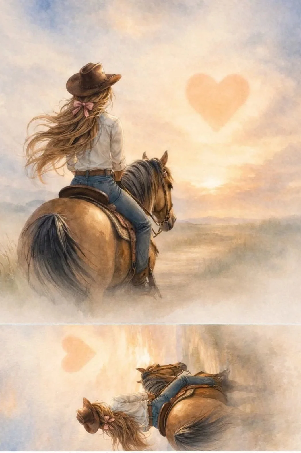 Western horse greeting card featuring a cowgirl riding a horse with flowing mane and tail, equestrian artwork by Scatter Joyfulness Greetings