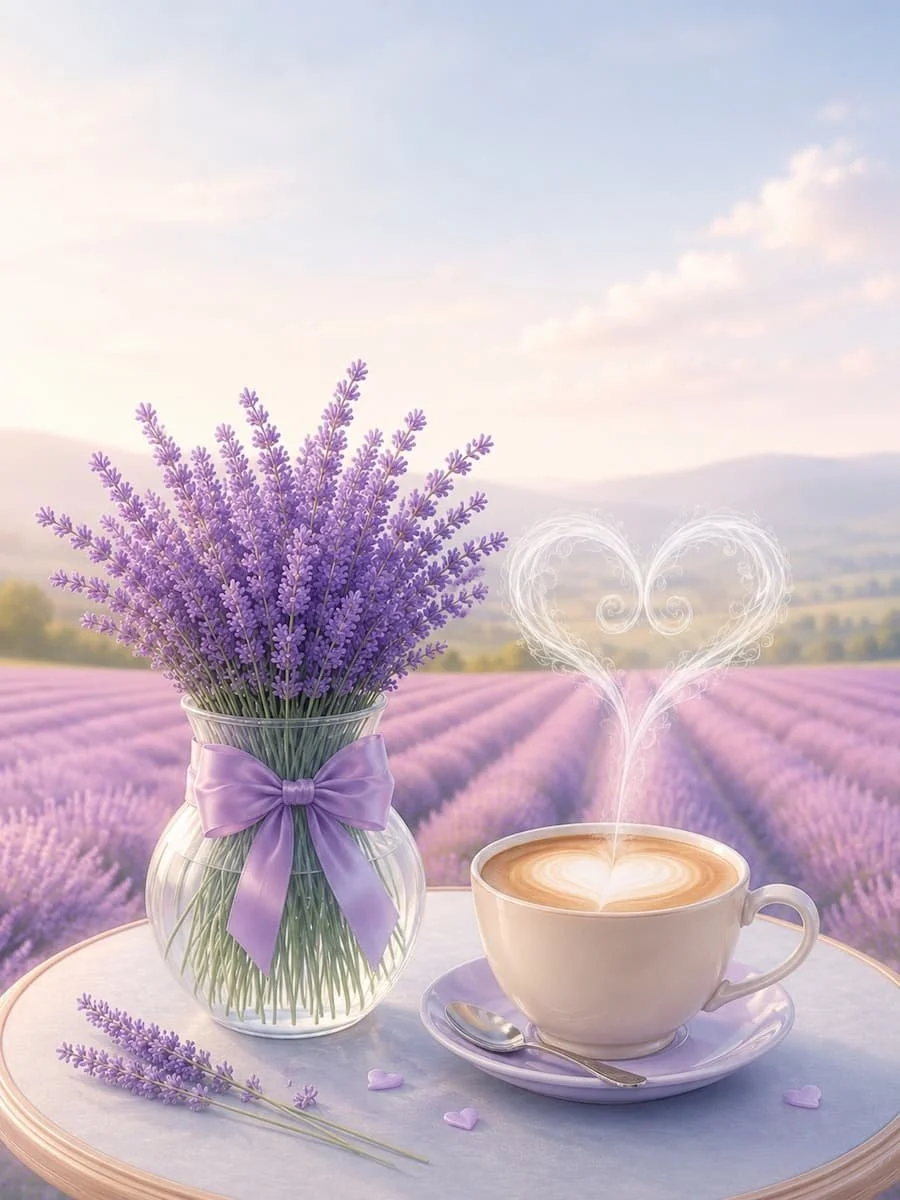Lavender bouquet and coffee cup with heart-shaped steam on a soft lavender field background.
