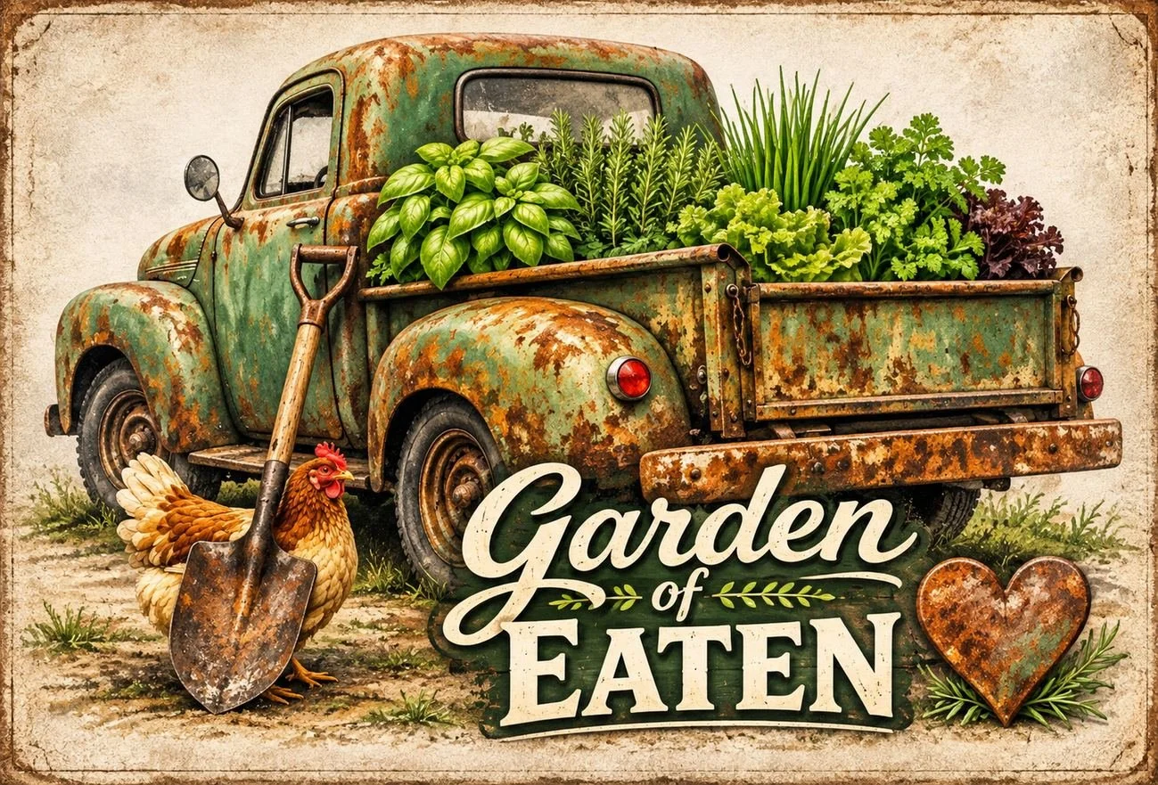 Weathered turquoise vintage pickup truck overflowing with vegetables, herbs and flowers, with a curious white chicken and “Garden of Eaten” wordplay.