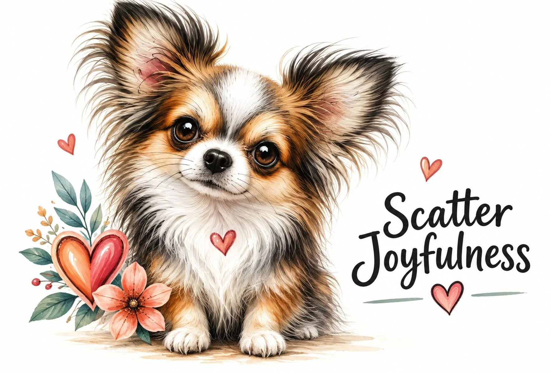 Long-haired Chihuahua with bright expressive eyes, soft floral accents and playful hearts beside the words “Scatter Joyfulness.”