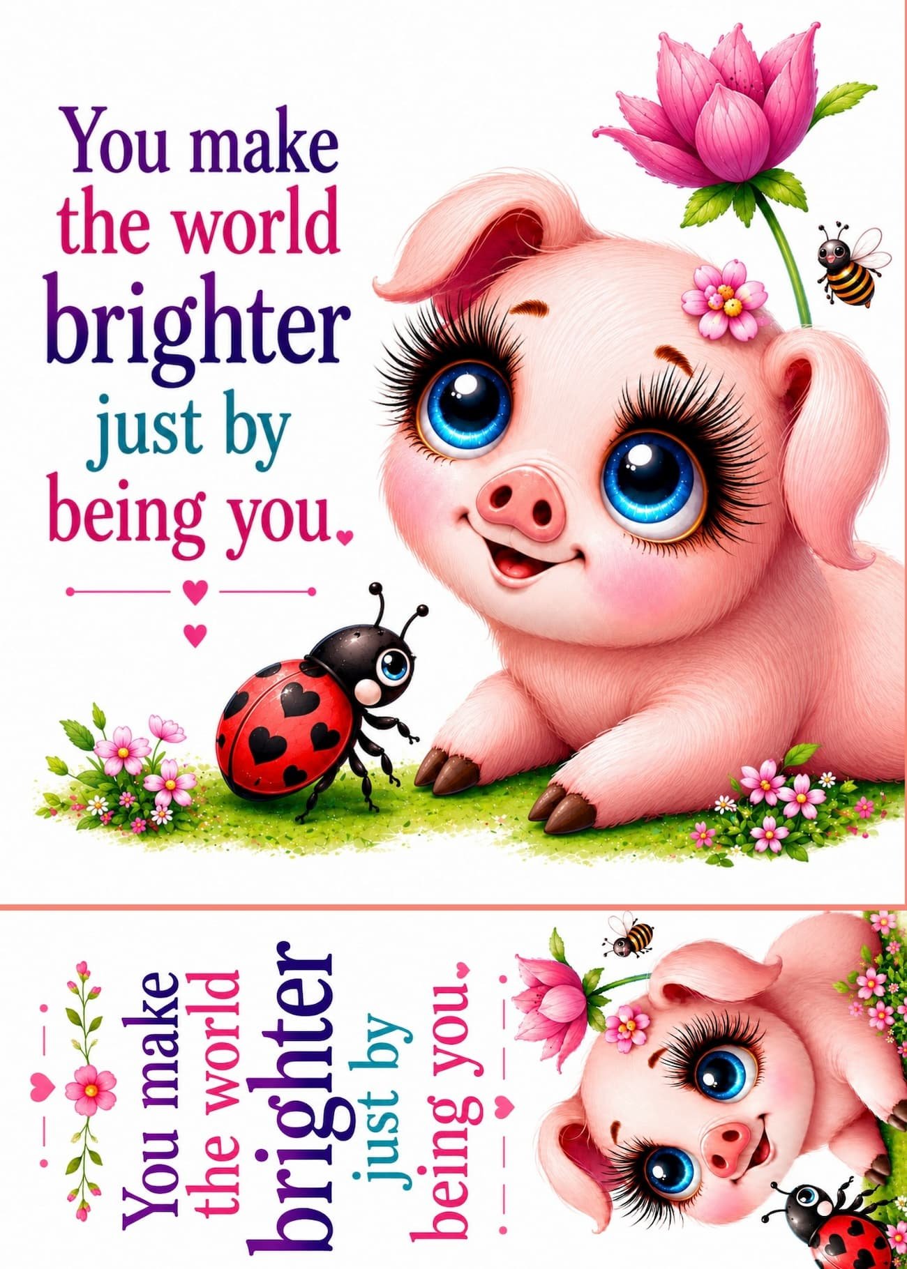You Make the World Brighter Flat Micro Art Greeting Card Gift featuring a pink piglet and ladybug, friendship artwork with detachable bookmark by Scatter Joyfulness Greetings
