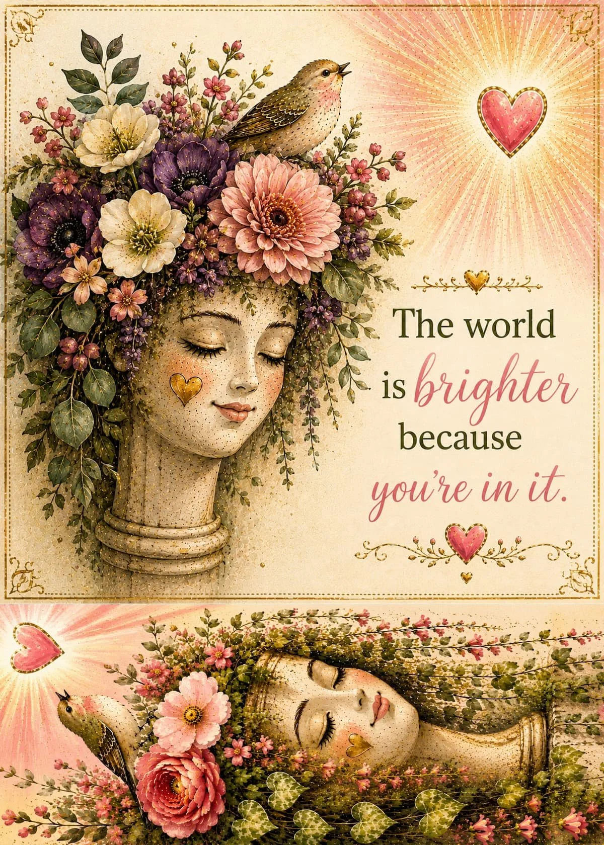 Floral encouragement greeting card gift featuring the phrase The World Is Brighter Because You're In It