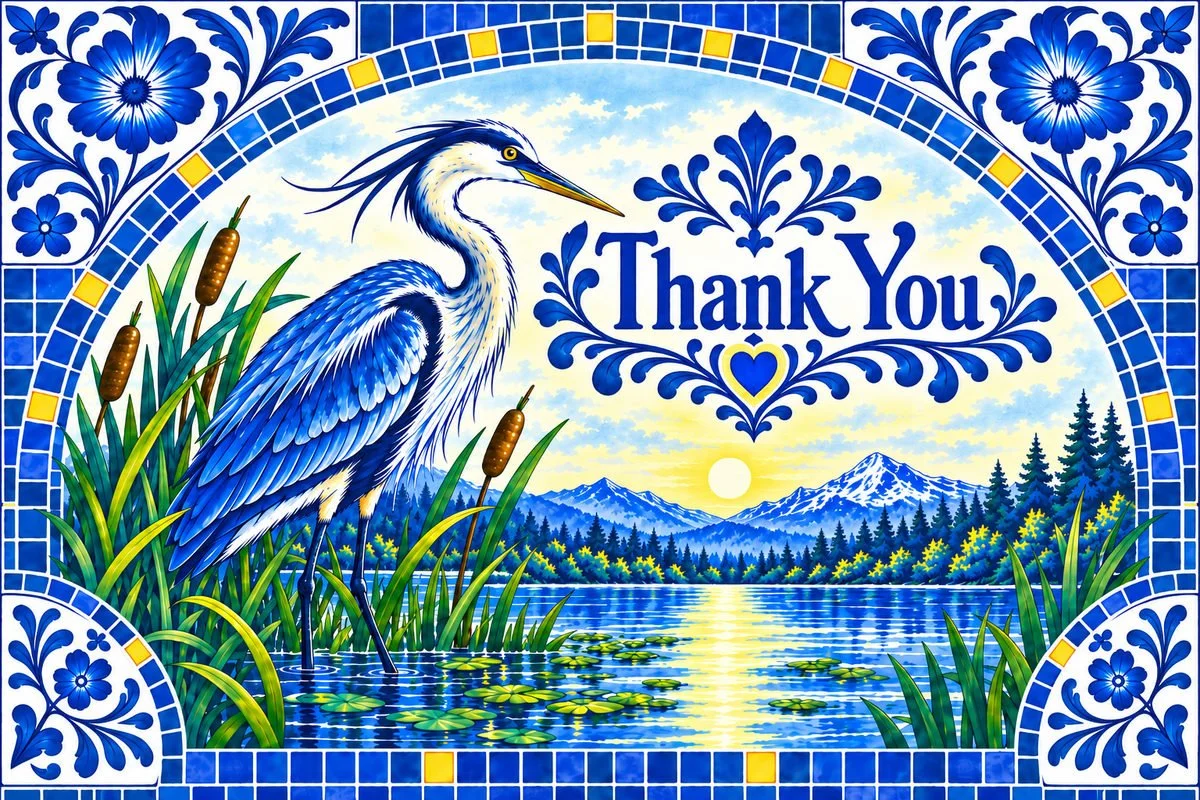 Delft Blue Heron Thank You Postcard