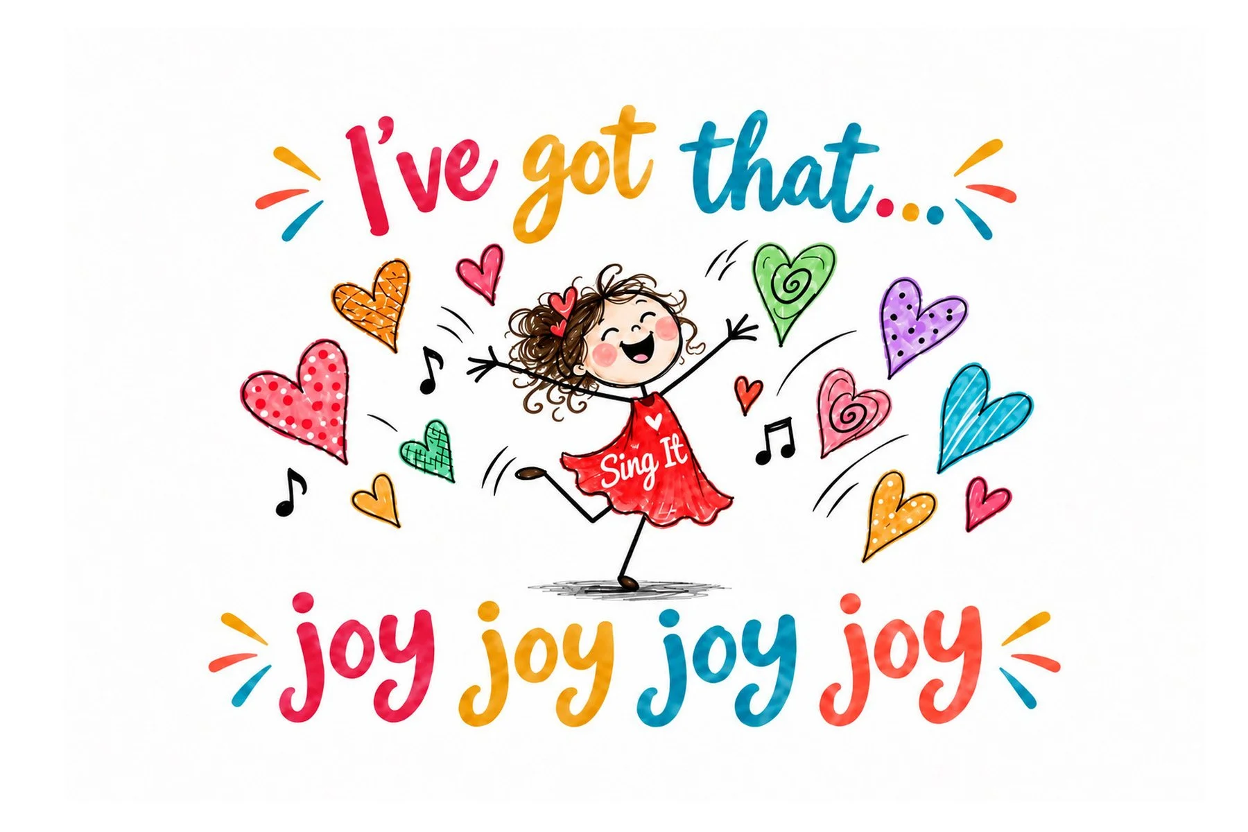 Colorful “I’ve got that… joy joy joy joy” postcard with a dancing girl in a red “Sing It” dress, surrounded by whimsical hearts and musical notes.