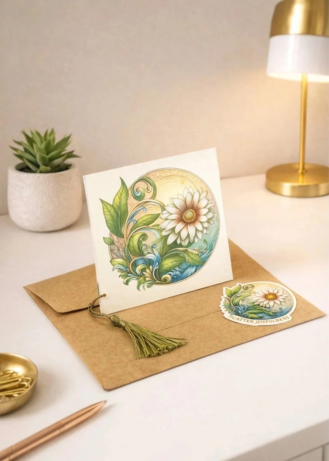 A greeting card with a colorful floral design, featuring a large daisy, set up on a brown envelope with a decorative tassel. The card and envelope are on a white surface, with a small potted succulent plant and a gold and white table lamp in the background.