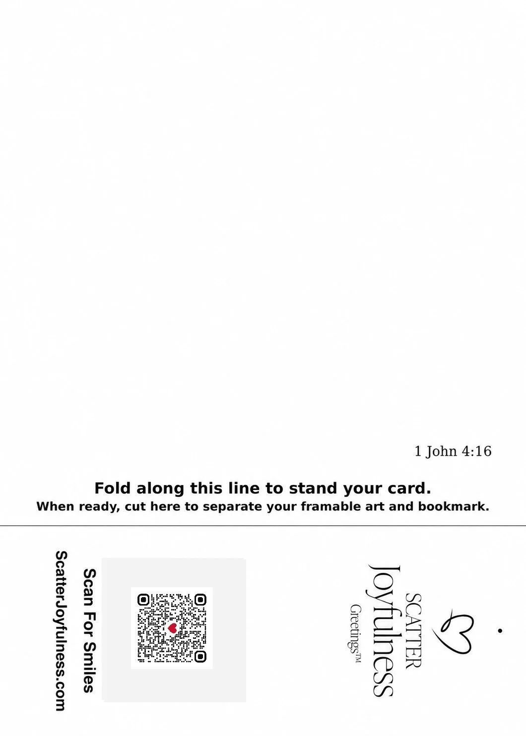 Back of a Scatter Joyfulness 5×7 Micro-Art greeting card with space for a handwritten message, fold-and-cut instructions, a detachable 2×5 bookmark section, the Scatter Joyfulness heart logo, and 1 Jo