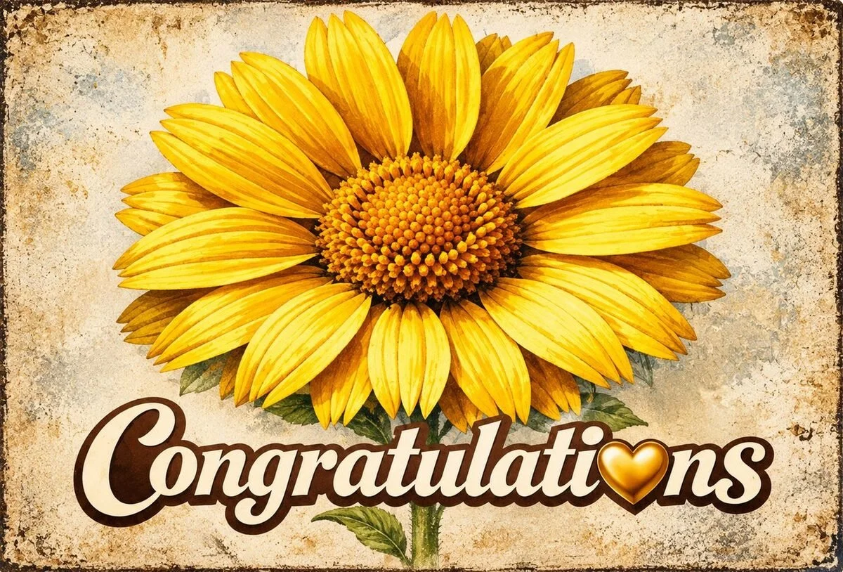 Golden yellow sunflower Congratulations postcard with vintage-style artwork and a gold heart tucked into the lettering.