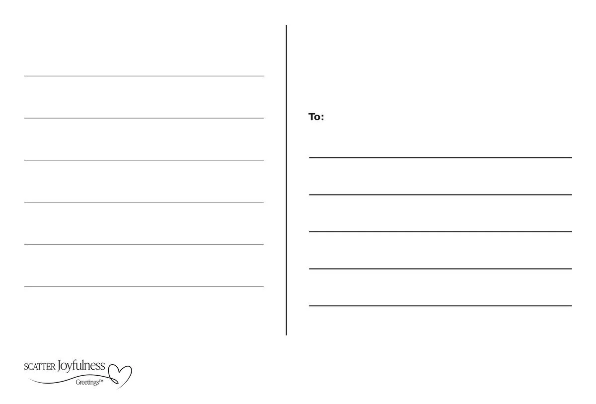 Back of the Sunflower Congratulations postcard with message lines, five address lines, a blank postage area and Scatter Joyfulness branding.