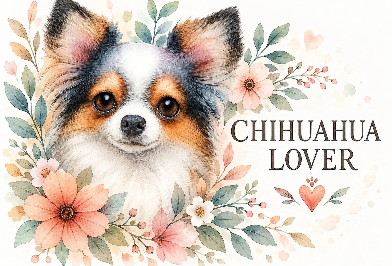 Happy Chihuahua surrounded by bright colorful flowers in a cheerful floral postcard design.