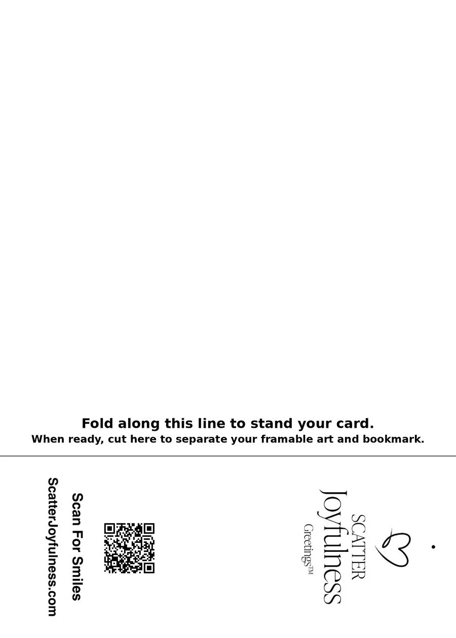 Back of the Happy Birthday Honey Scatter Joyfulness Micro-Art Greeting Card with writing space, fold and cut guide, QR code and brand details.