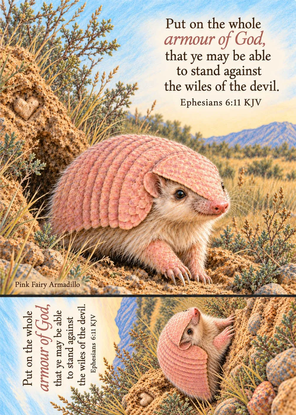 Pink fairy armadillo Micro-Art greeting card, Little Armor, Mighty God, featuring colored-pencil wildlife artwork, Ephesians 6:11 KJV Scripture, a hidden heart, and a detachable bookmark.