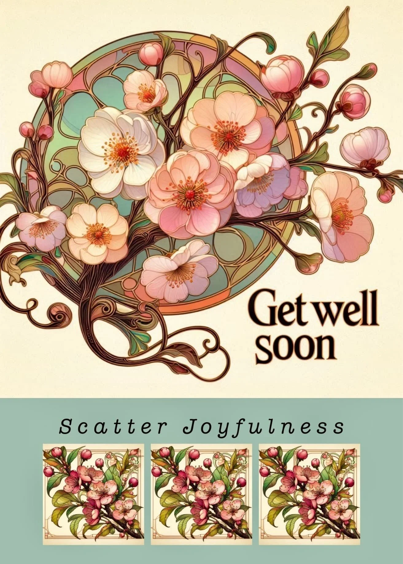 Get well soon greeting card featuring soft pastel floral blooms in a calming arrangement, gentle uplifting tone for healing and comfort, whimsical illustrated style, handmade micro art greeting.