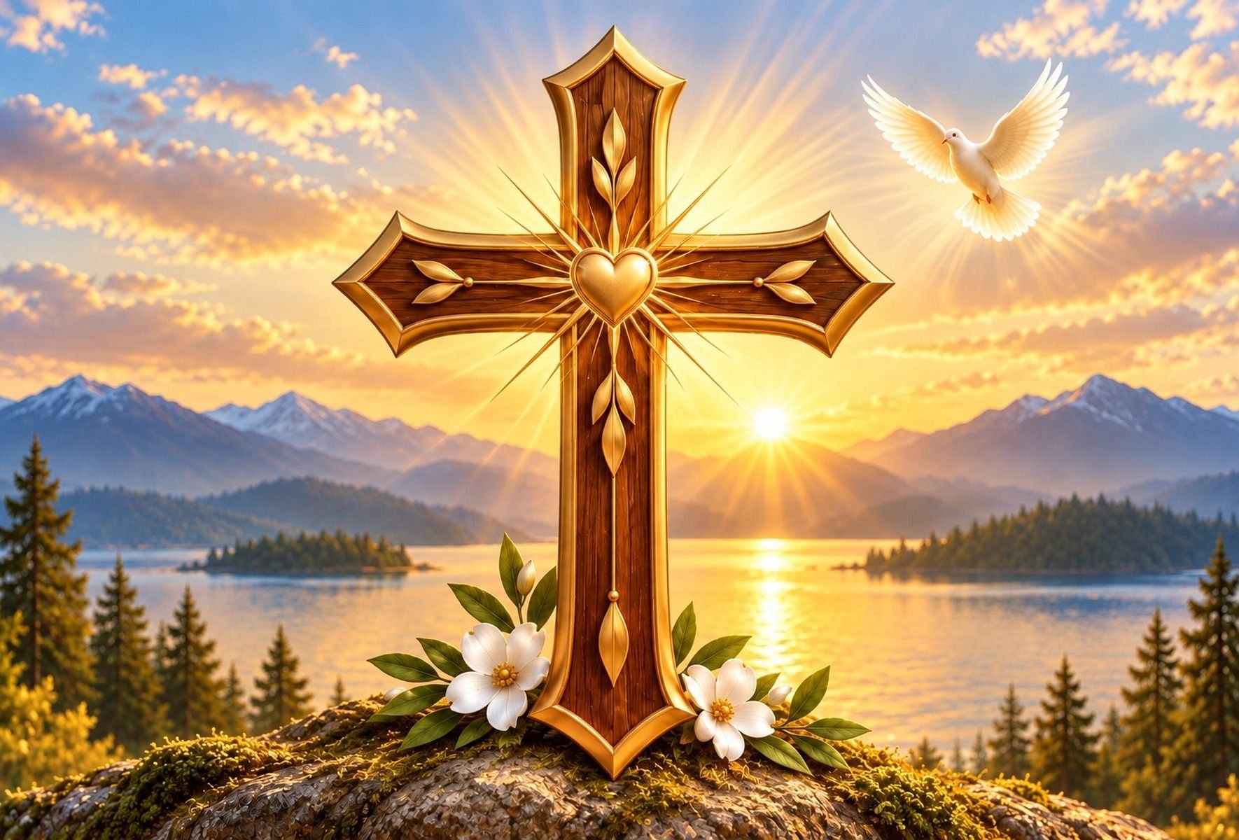 Radiant cross glowing in golden sunrise light above still water and mountains, surrounded by white flowers.