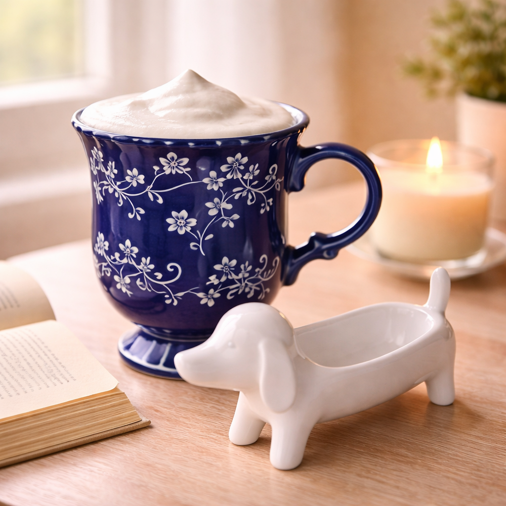 Quiet early morning scene with a blue floral mug topped with latte foam, a candle glowing nearby, an open book, and a small dachshund figurine, capturing a peaceful start to the day.