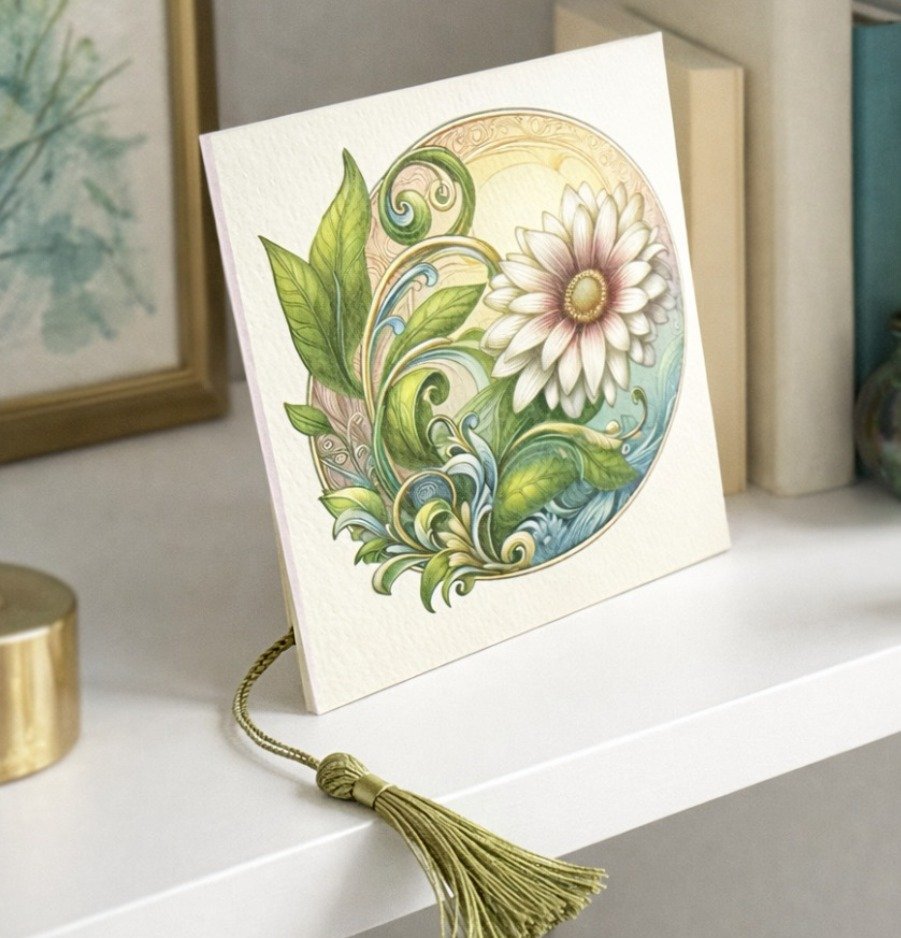 Floral greeting card with daisy illustration displayed on a shelf with tassel bookmark and envelope, soft neutral tones, whimsical handmade micro art greeting.