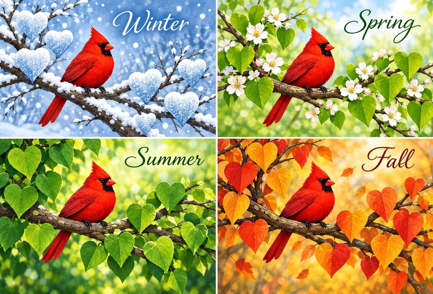 Four bright red cardinals shown through winter, spring, summer, and fall in a seasonal nature postcard design.