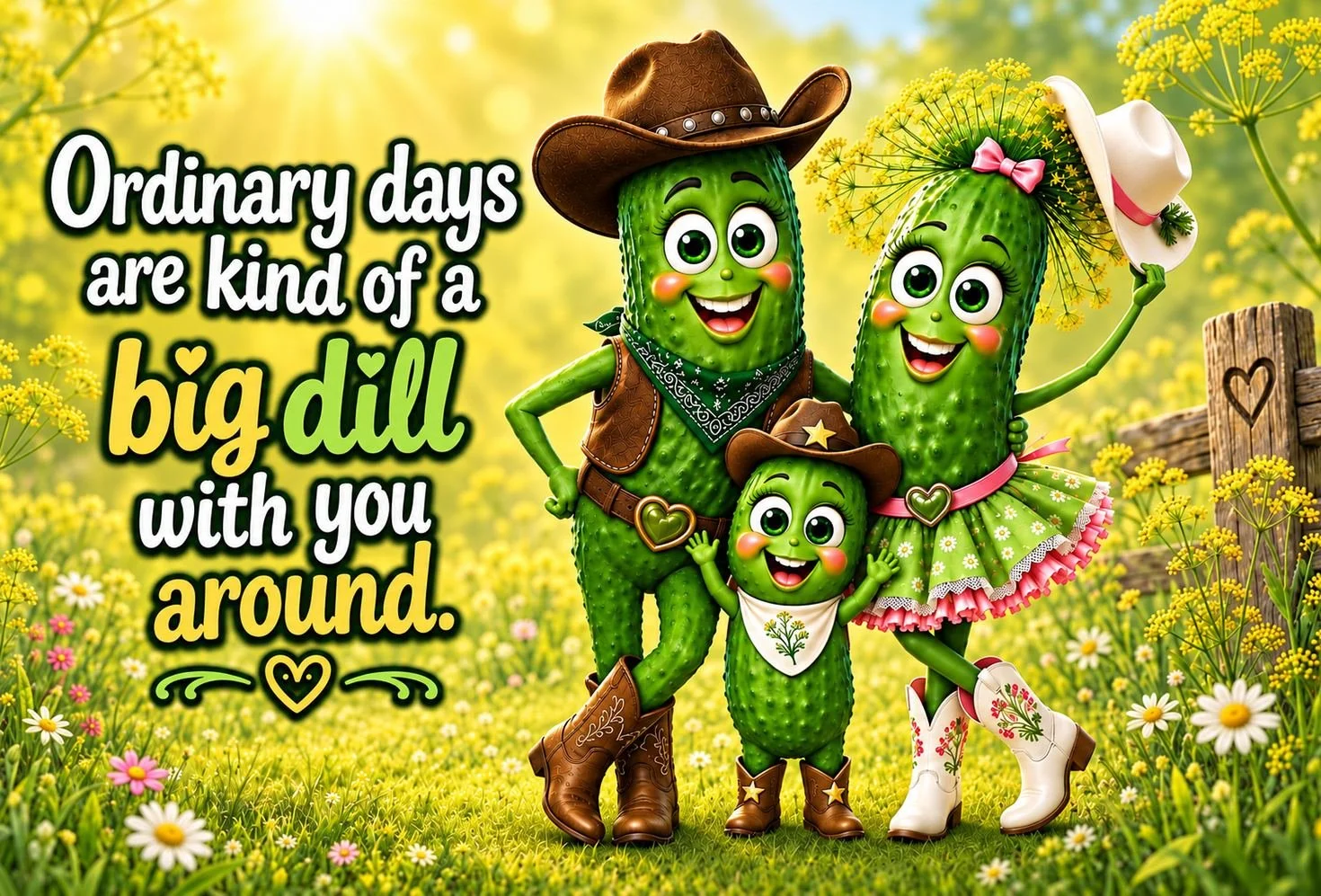 Whimsical pickle family illustration with playful food humor in a cheerful postcard design.